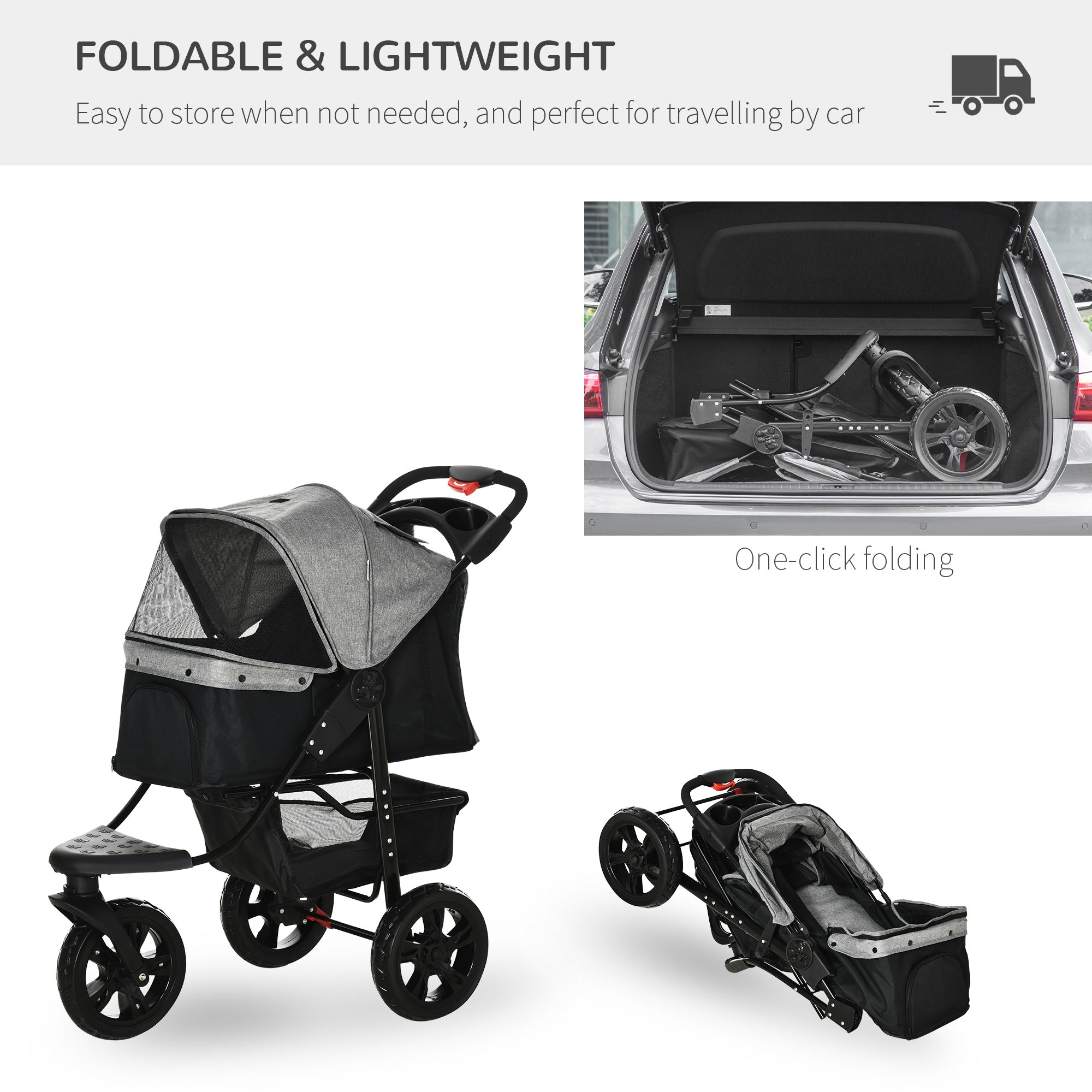 3 Wheel Dog Stroller, Folding Pet Stroller Jogger with Adjustable Canopy, Storage Basket, Mesh Window, Cupholder, for Small Dogs & Cats, Grey