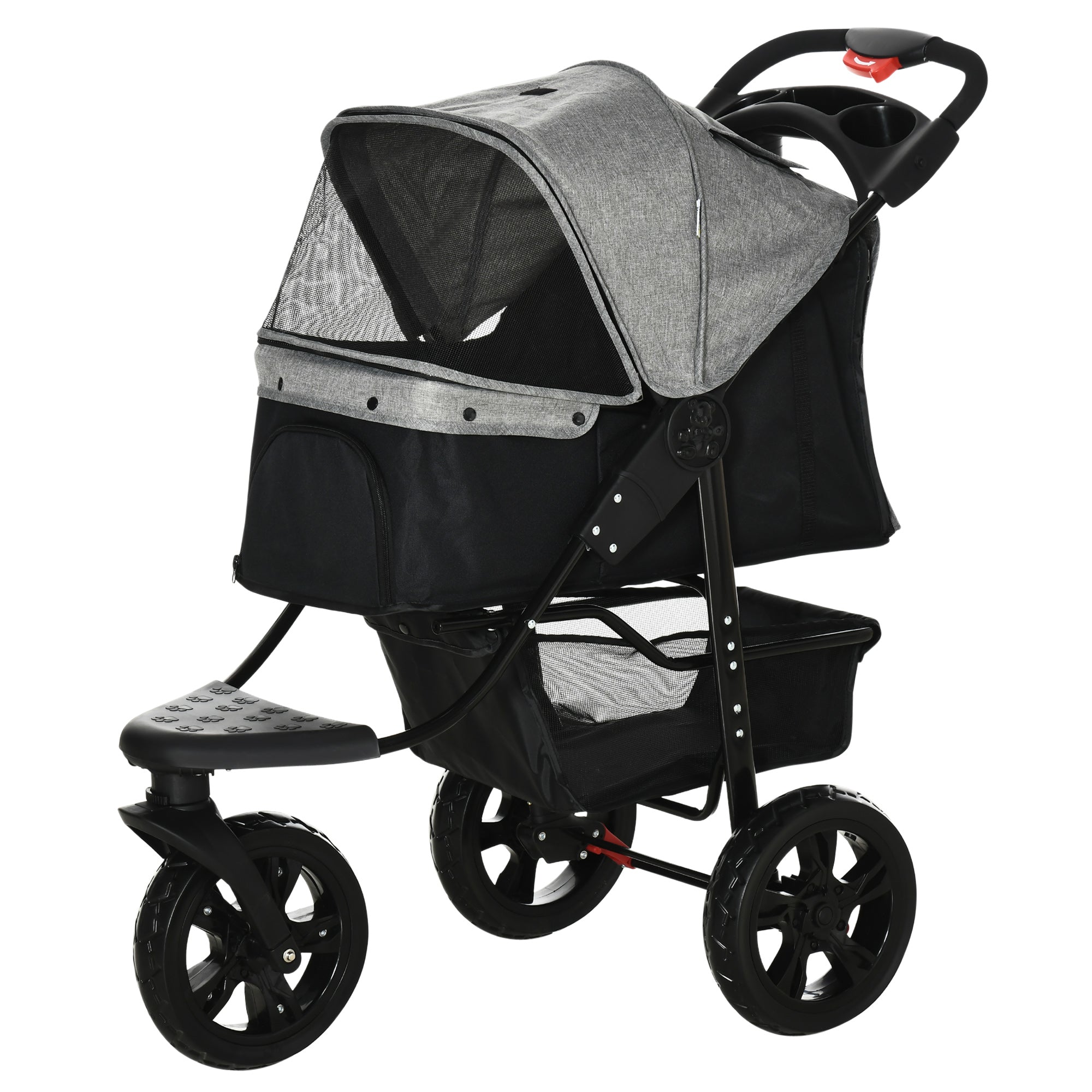 3 Wheel Dog Stroller, Folding Pet Stroller Jogger with Adjustable Canopy, Storage Basket, Mesh Window, Cupholder, for Small Dogs & Cats, Grey