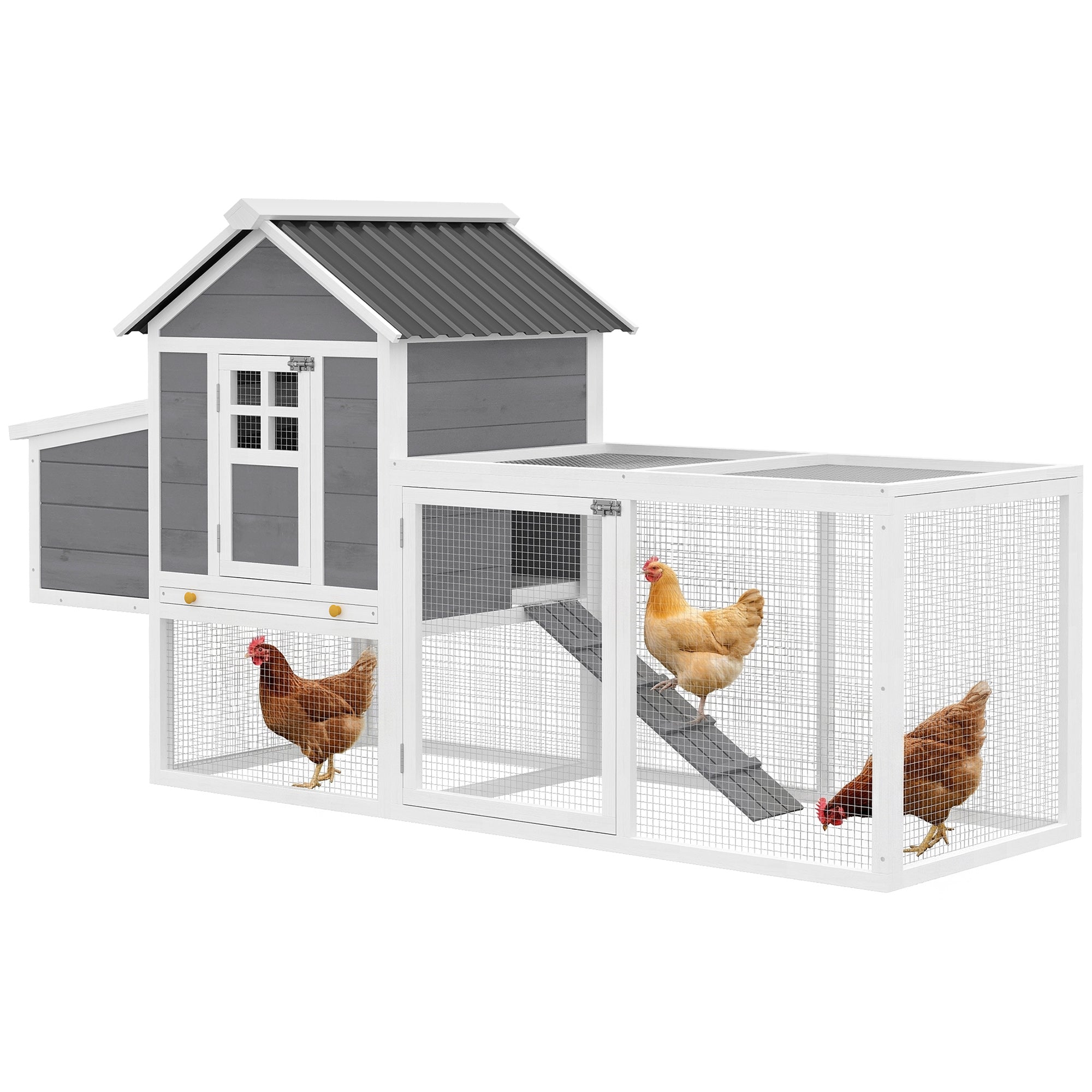82" Wooden Chicken Coop, Large Outdoor Hen House Poultry Hutch for 2-3 Hens, Chicken House with Nesting Box, Pull-on Tray, Waterproof Roof, Ramp and Roosting Bars for Backyard, Gray