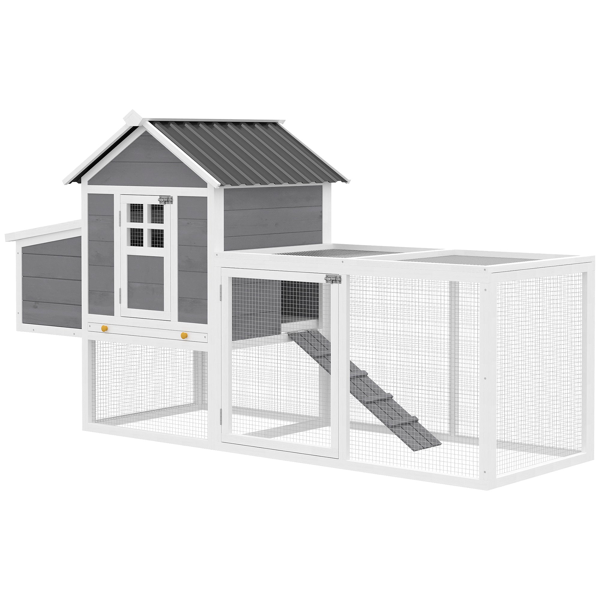 82" Wooden Chicken Coop, Large Outdoor Hen House Poultry Hutch for 2-3 Hens, Chicken House with Nesting Box, Pull-on Tray, Waterproof Roof, Ramp and Roosting Bars for Backyard, Gray