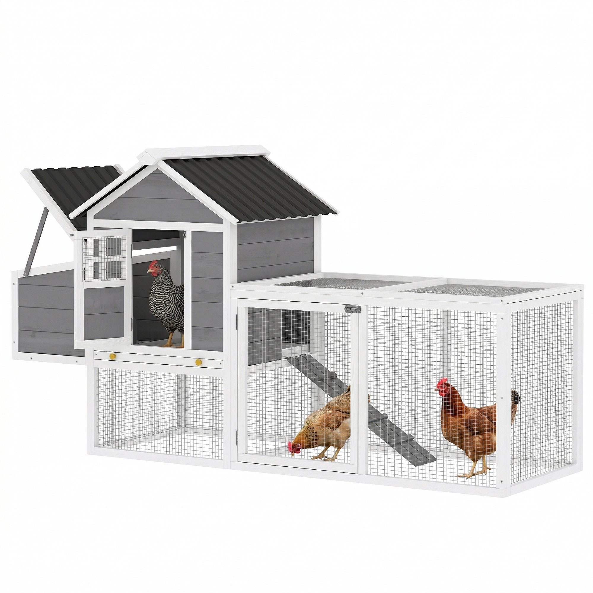 82" Wooden Chicken Coop, Large Outdoor Hen House Poultry Hutch for 2-3 Hens, Chicken House with Nesting Box, Pull-on Tray, Waterproof Roof, Ramp and Roosting Bars for Backyard, Gray