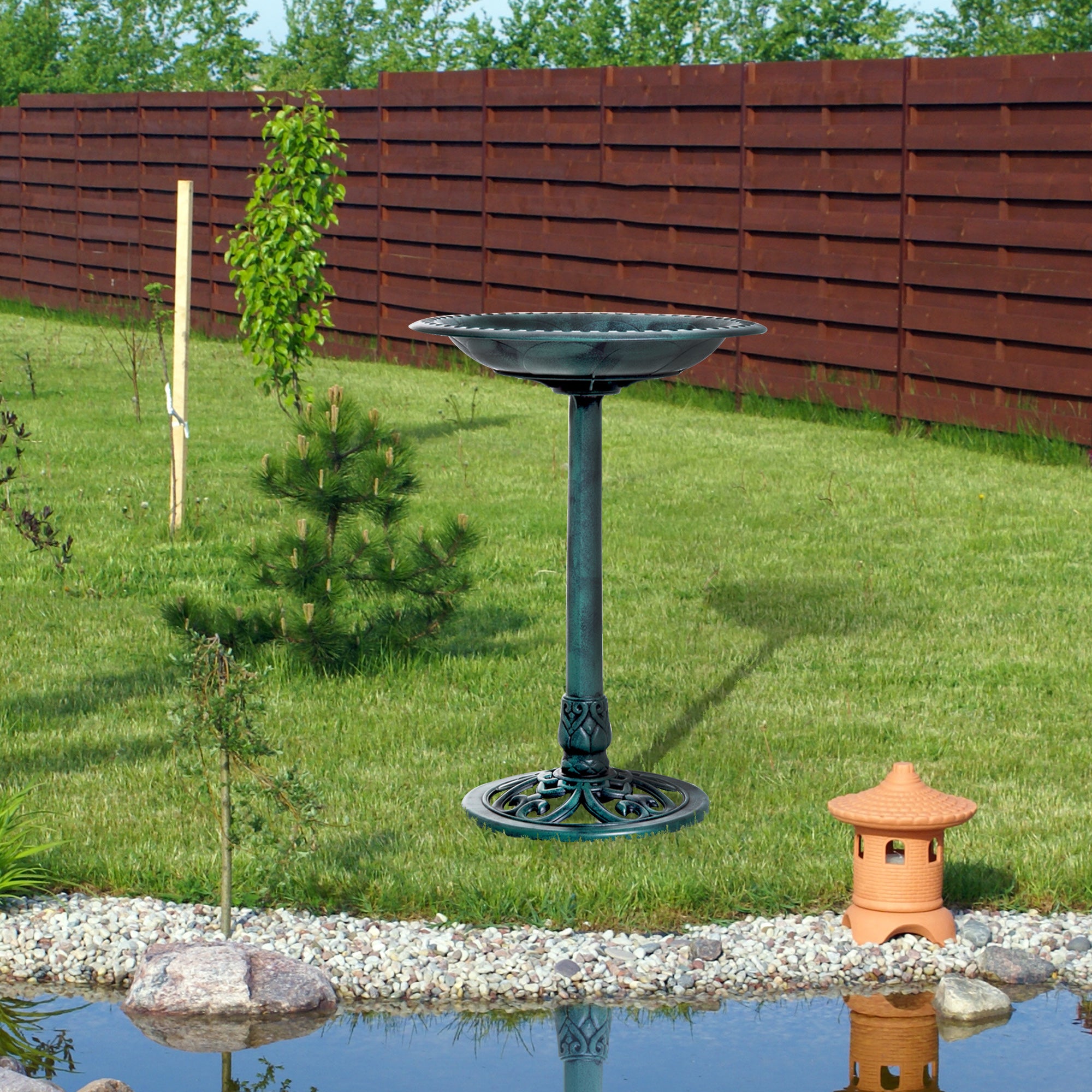 50cm Bird Bath for Garden, Outdoor Birdbath Stand, Decorative Bird Drinking Stand with Scallop-like Pattern, Time-Worn Finish, Green