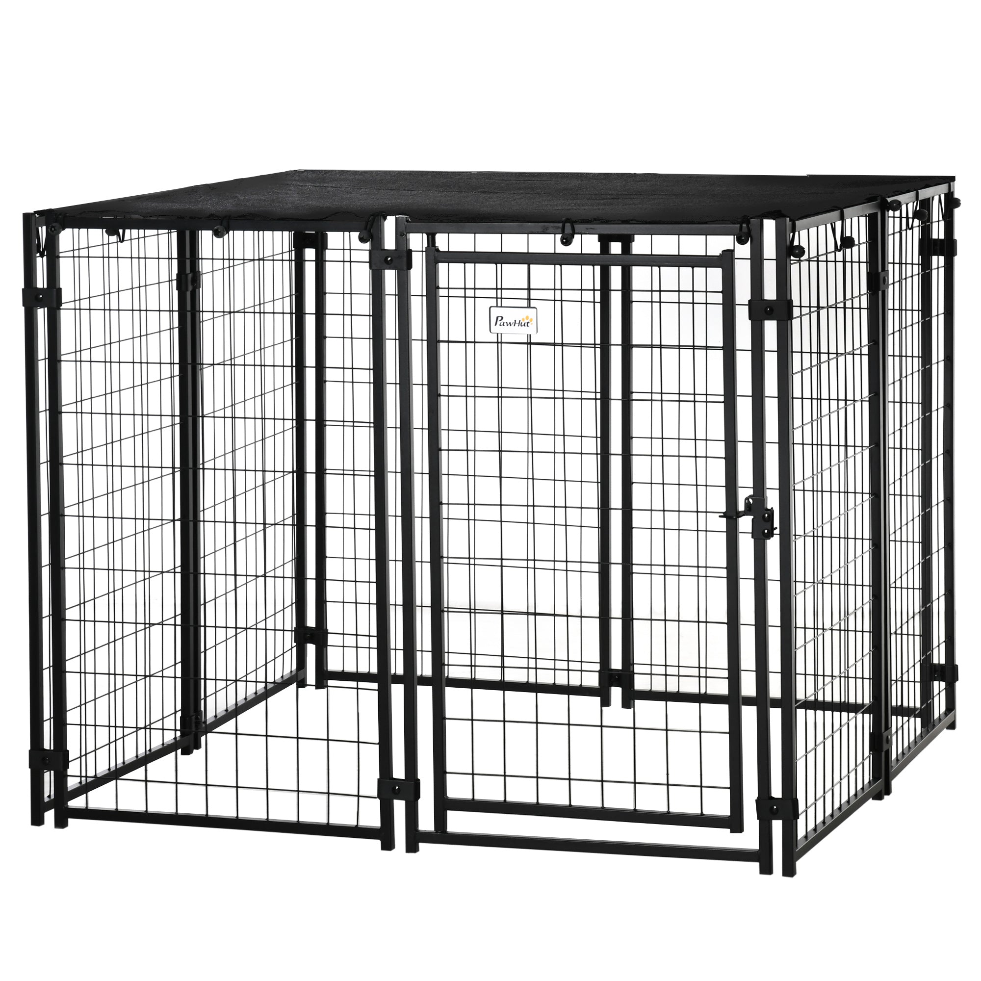 Outdoor Dog Kennel Run, Large Wire Steel Puppy Fence, Lockable Pet Playpen Crate Enclosure, with Top Cover, Door, Black