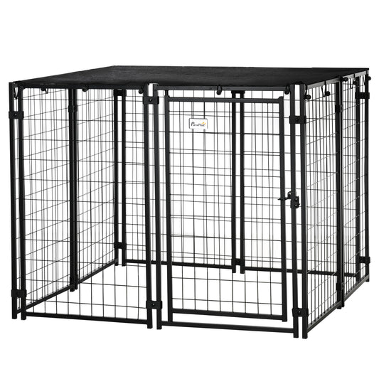 Outdoor Dog Kennel Run, Large Wire Steel Puppy Fence, Lockable Pet Playpen Crate Enclosure, with Top Cover, Door, Black