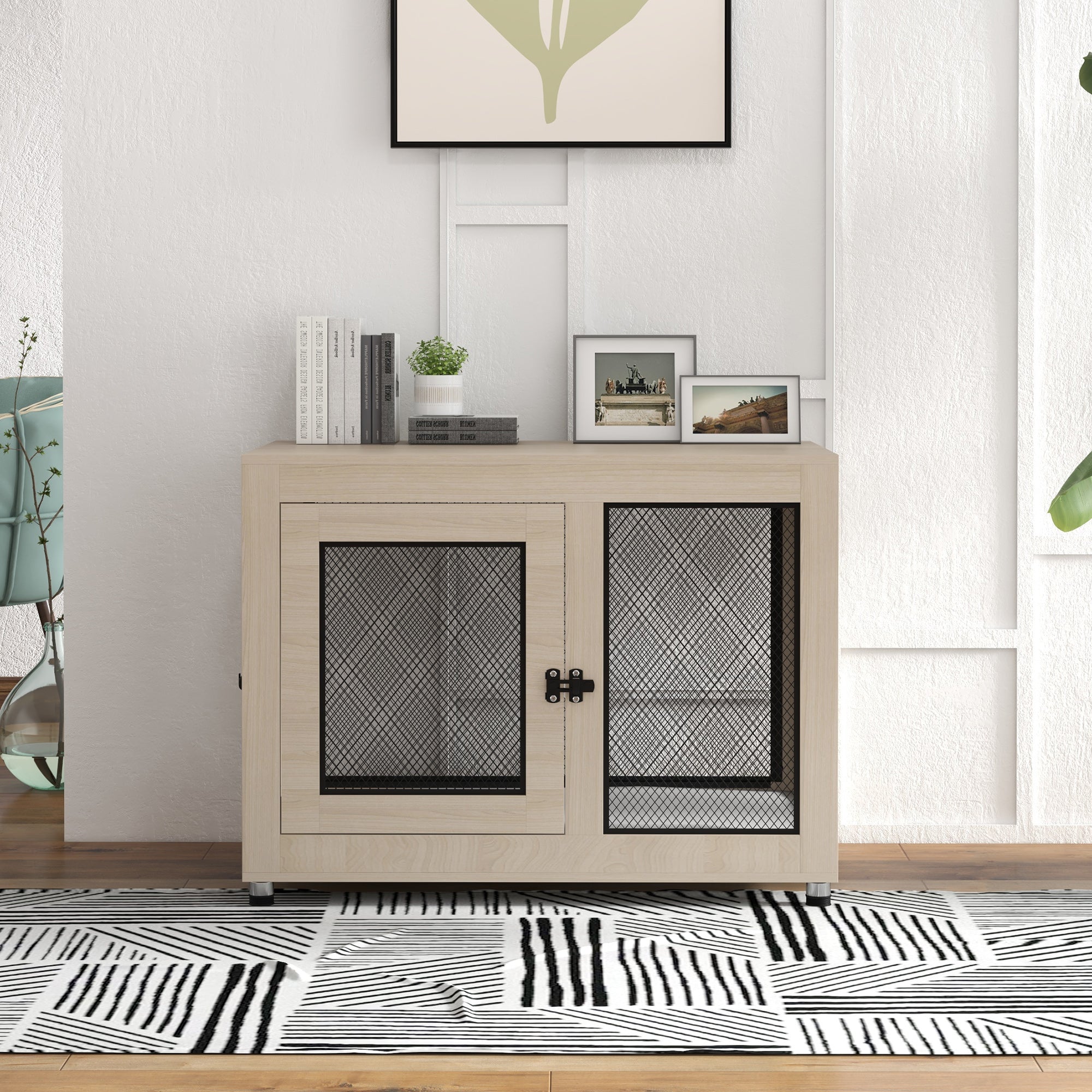 Dog Crate Furniture End Table w/ Soft Washable Cushion, Two Doors, Indoor Pet Kennel for Small Medium Large Dogs w/ Wire Mesh, Oak