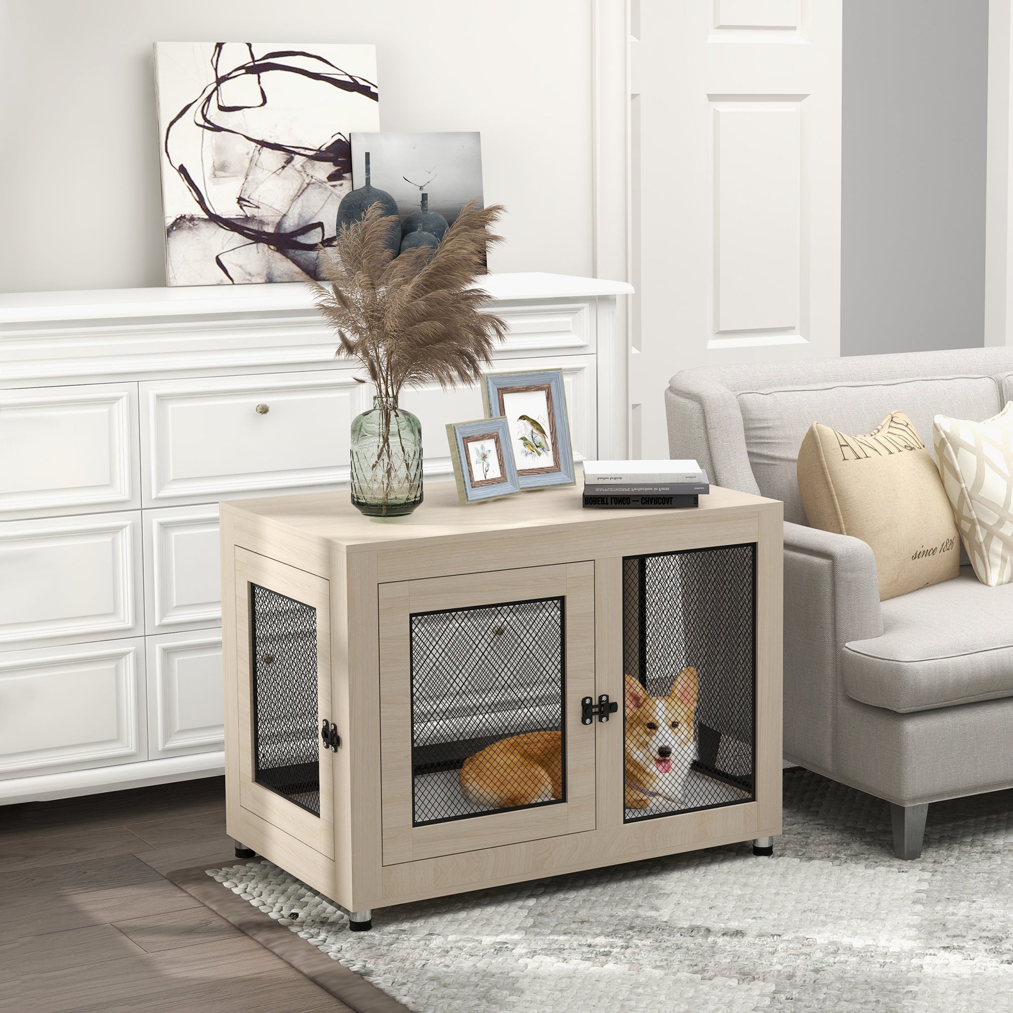 Dog Crate Furniture End Table w/ Soft Washable Cushion, Two Doors, Indoor Pet Kennel for Small Medium Large Dogs w/ Wire Mesh, Oak