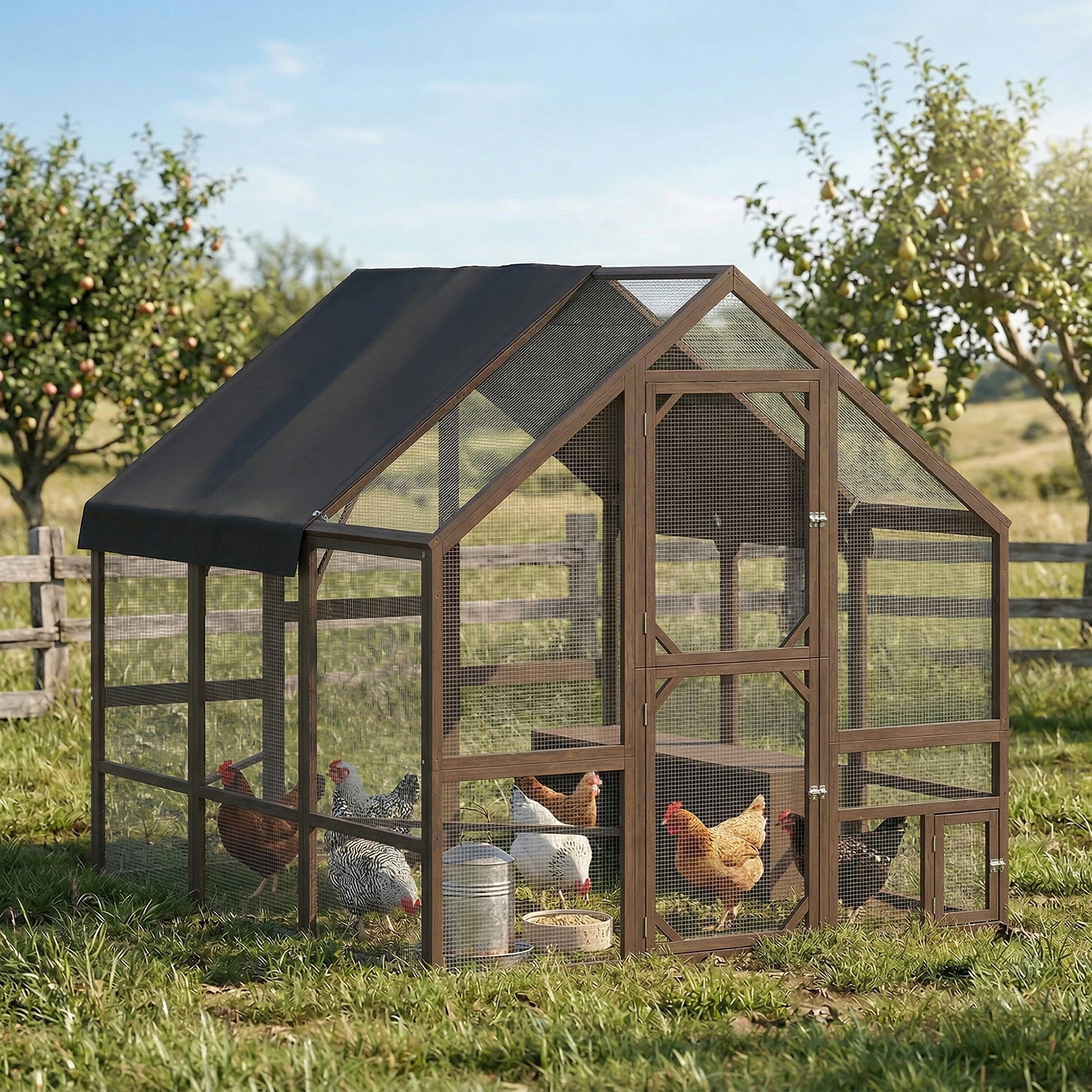Large Wooden Chicken Coop for 8-10 Hens, Walk-in Chicken Run with Waterproof Cover, Nesting Boxes and Perches, Outdoor Poultry Cage Rabbit Hutch for Backyard, 83" x 73" x 73", Dark Brown
