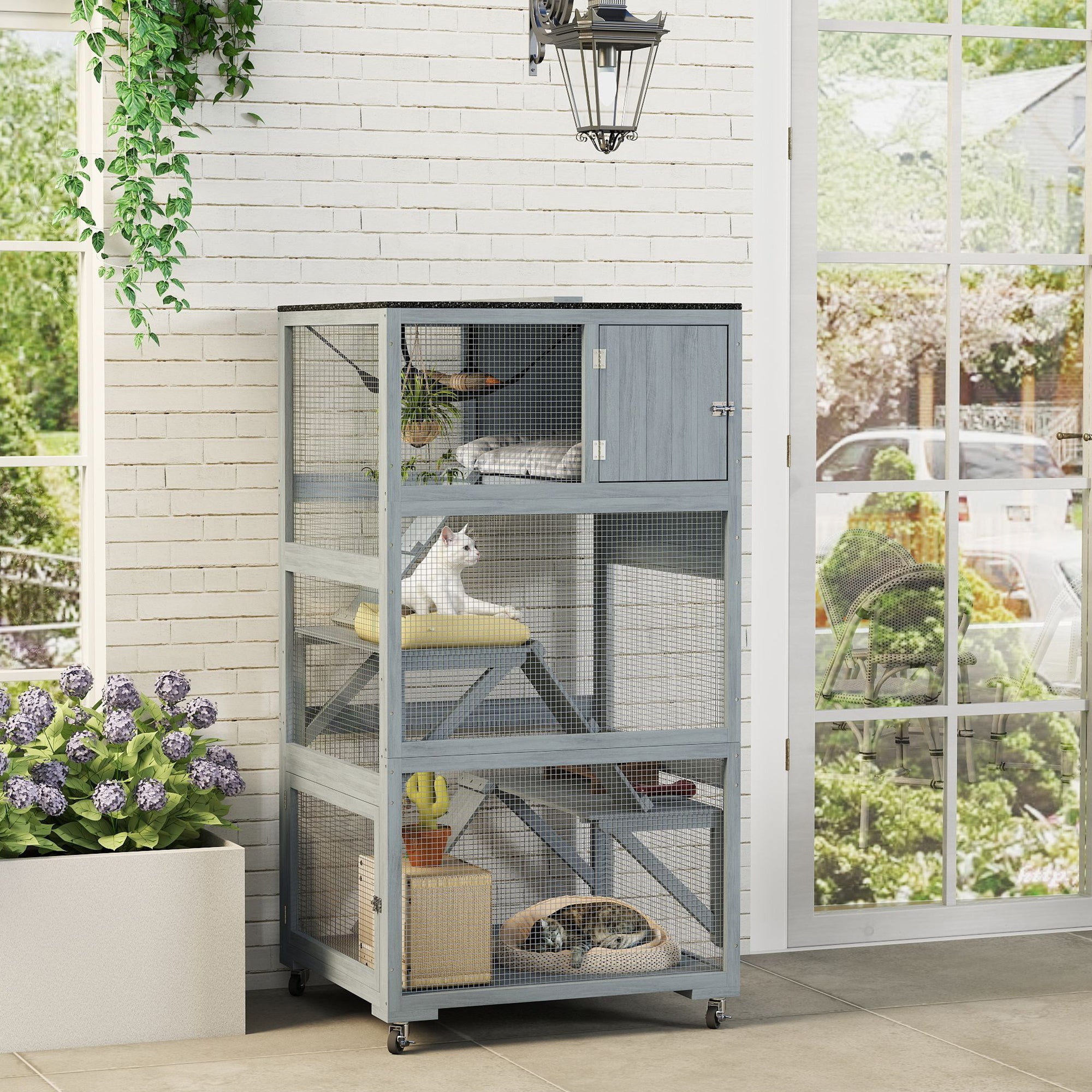 66"H Catio on Brake Wheel, Indoor Outdoor Cat Enclosure Cage with Weatherproof Roof Hammock Multiple Platforms Resting Condo Ramps Lockable Doors, for 1-3 Cats, Grey