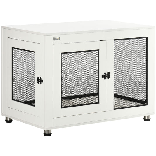 37in Dog Crate Furniture with Cushion, Indoor Pet Kennel End Table with 2 Doors, for Large Dogs, White