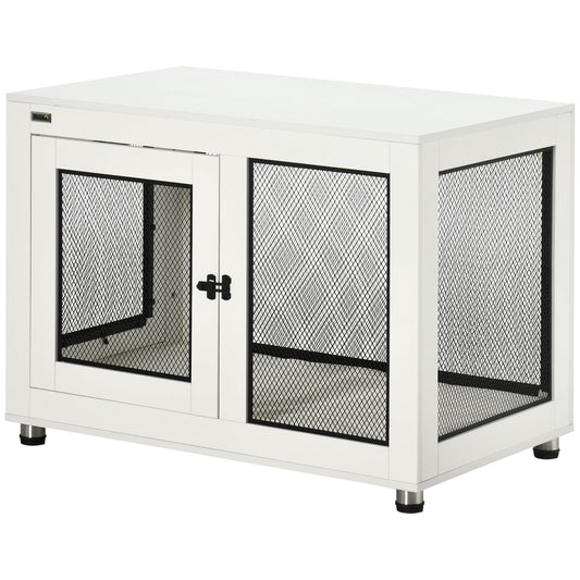 37in Dog Crate Furniture with Cushion, Indoor Pet Kennel End Table with 2 Doors, for Large Dogs, White