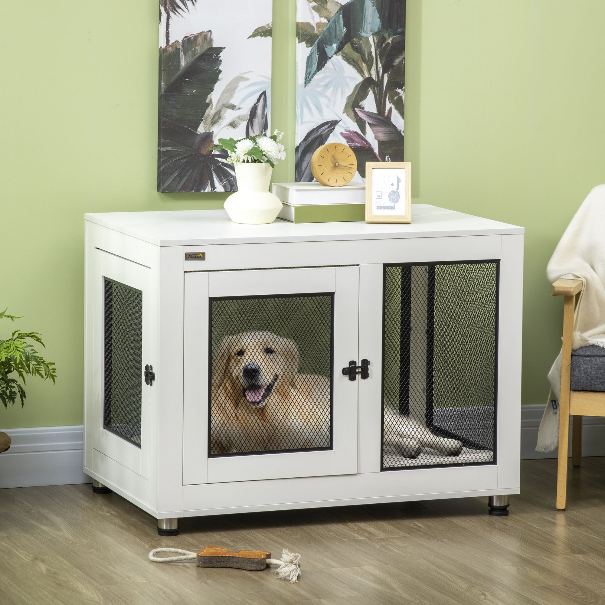 37in Dog Crate Furniture with Cushion, Indoor Pet Kennel End Table with 2 Doors, for Large Dogs, White