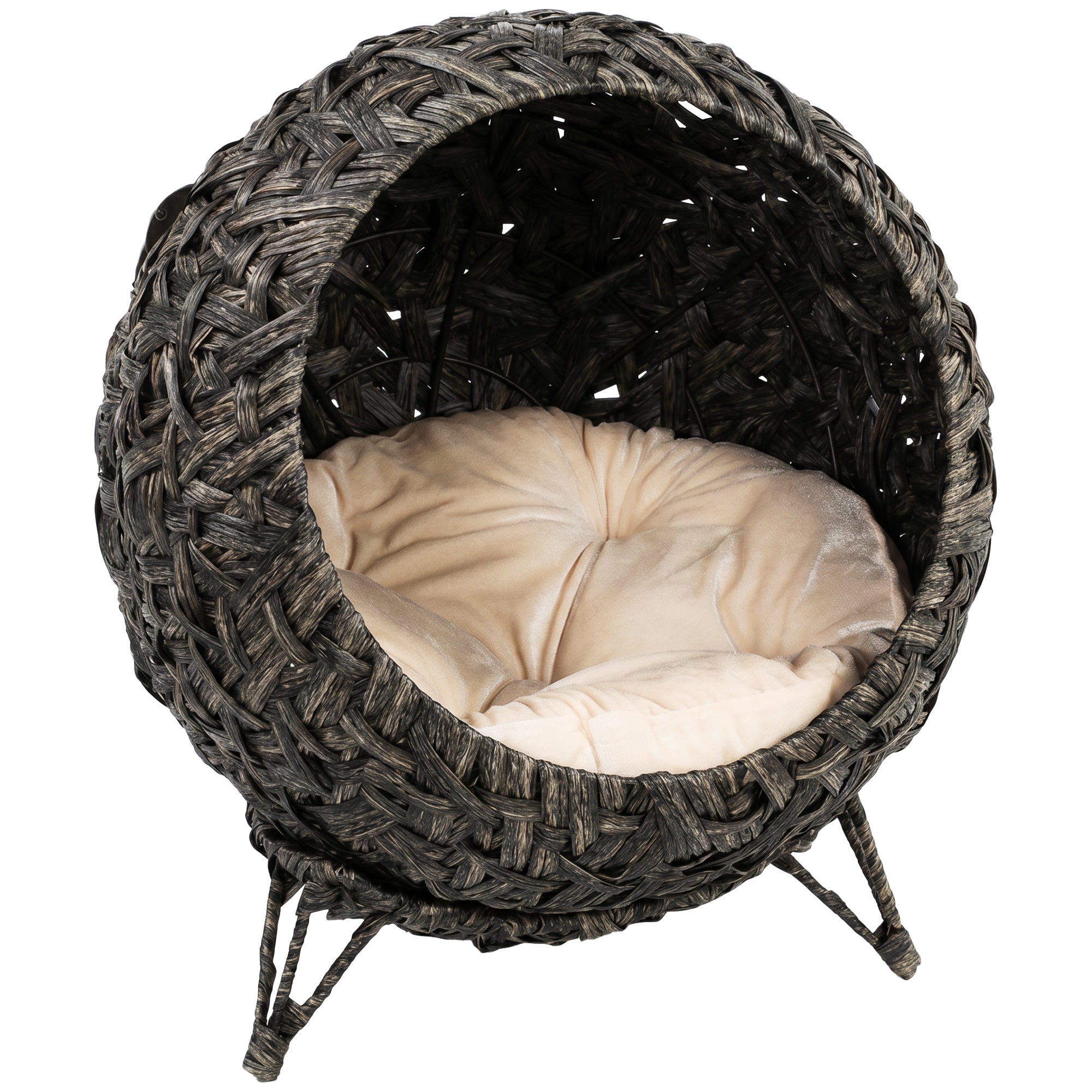 Rattan Cat Bed, Elevated Handwoven Cat Basket Bed with Soft Cushion and Metal Base, Indoor Kitty Furniture, Breathable, for Kittens, Gray