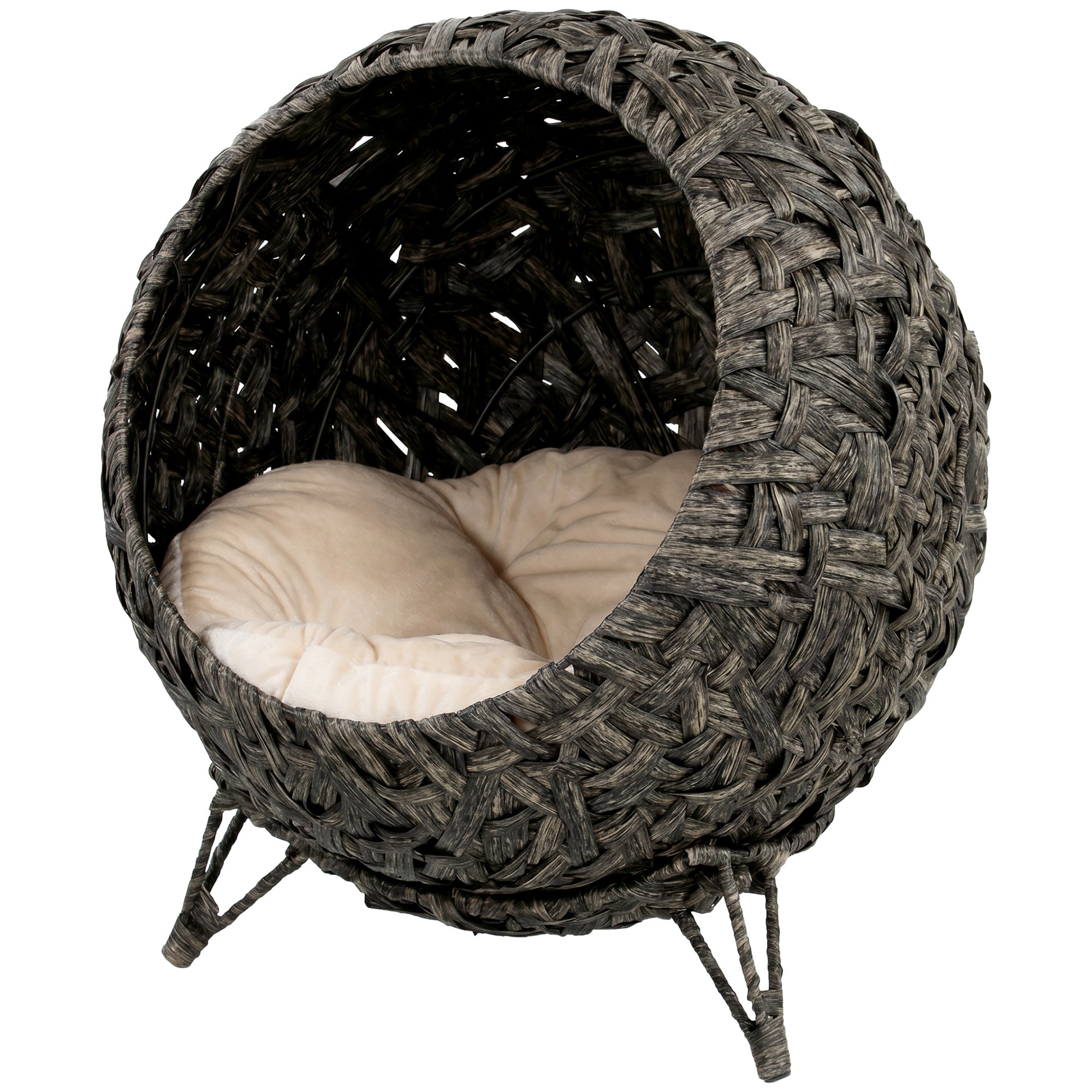 Rattan Cat Bed, Elevated Handwoven Cat Basket Bed with Soft Cushion and Metal Base, Indoor Kitty Furniture, Breathable, for Kittens, Gray