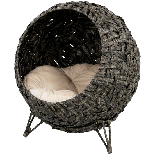 Rattan Cat Bed, Elevated Handwoven Cat Basket Bed with Soft Cushion and Metal Base, Indoor Kitty Furniture, Breathable, for Kittens, Gray