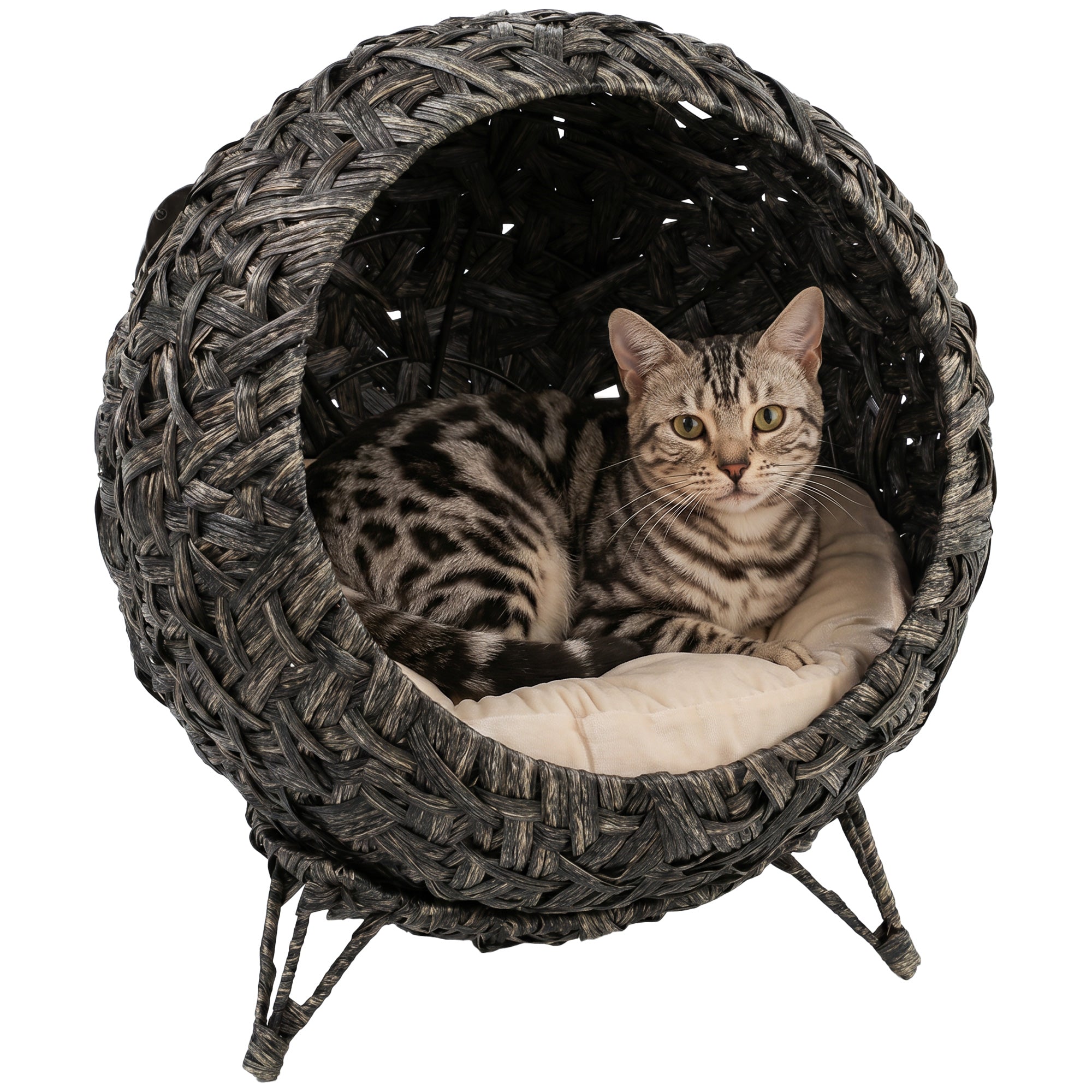 Rattan Cat Bed, Elevated Handwoven Cat Basket Bed with Soft Cushion and Metal Base, Indoor Kitty Furniture, Breathable, for Kittens, Gray
