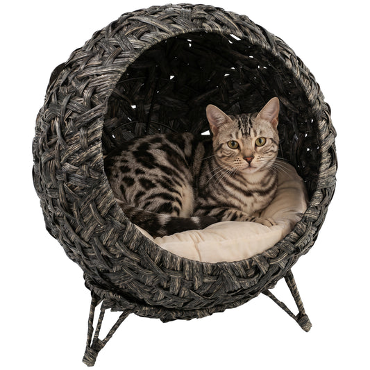 Rattan Cat Bed, Elevated Handwoven Cat Basket Bed with Soft Cushion and Metal Base, Indoor Kitty Furniture, Breathable, for Kittens, Gray