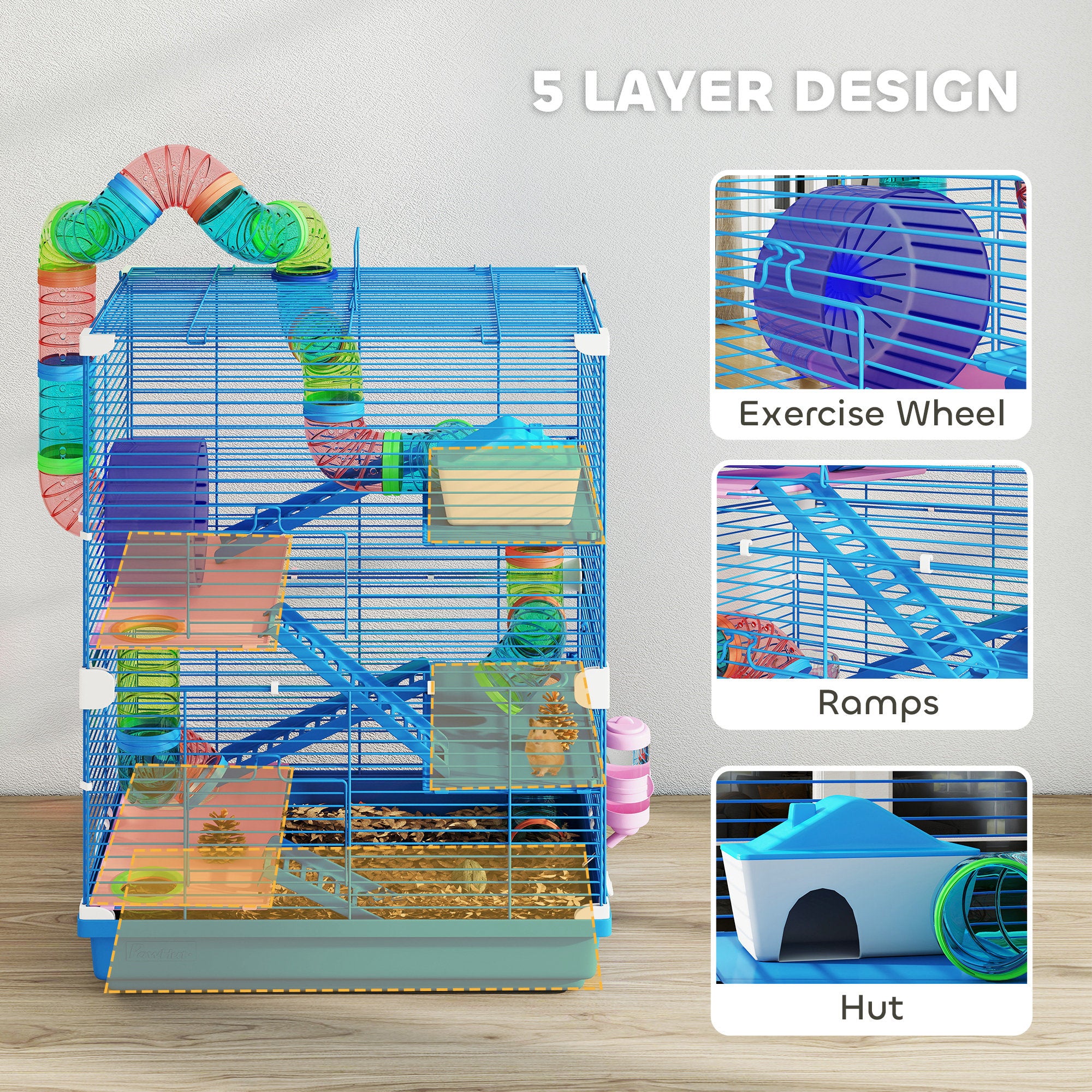 5 Tier Hamster Cage, Gerbil Cage with Tube Exercise Wheels, Tunnel, Water Bottle, Dishes, Blue, 58H x 46L x 30Wcm