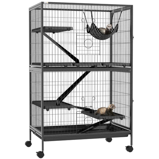 5-Tier Rolling Small Animal Cage, Deluxe Guinea Pig Cage, Ferret Cage for Mink Chinchilla Kitten Rabbit, Small Pet Play House with Hammock Platform, Ramp, Tray, Dark Grey