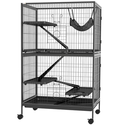 5-Tier Rolling Small Animal Cage, Deluxe Guinea Pig Cage, Ferret Cage for Mink Chinchilla Kitten Rabbit, Small Pet Play House with Hammock Platform, Ramp, Tray, Dark Grey