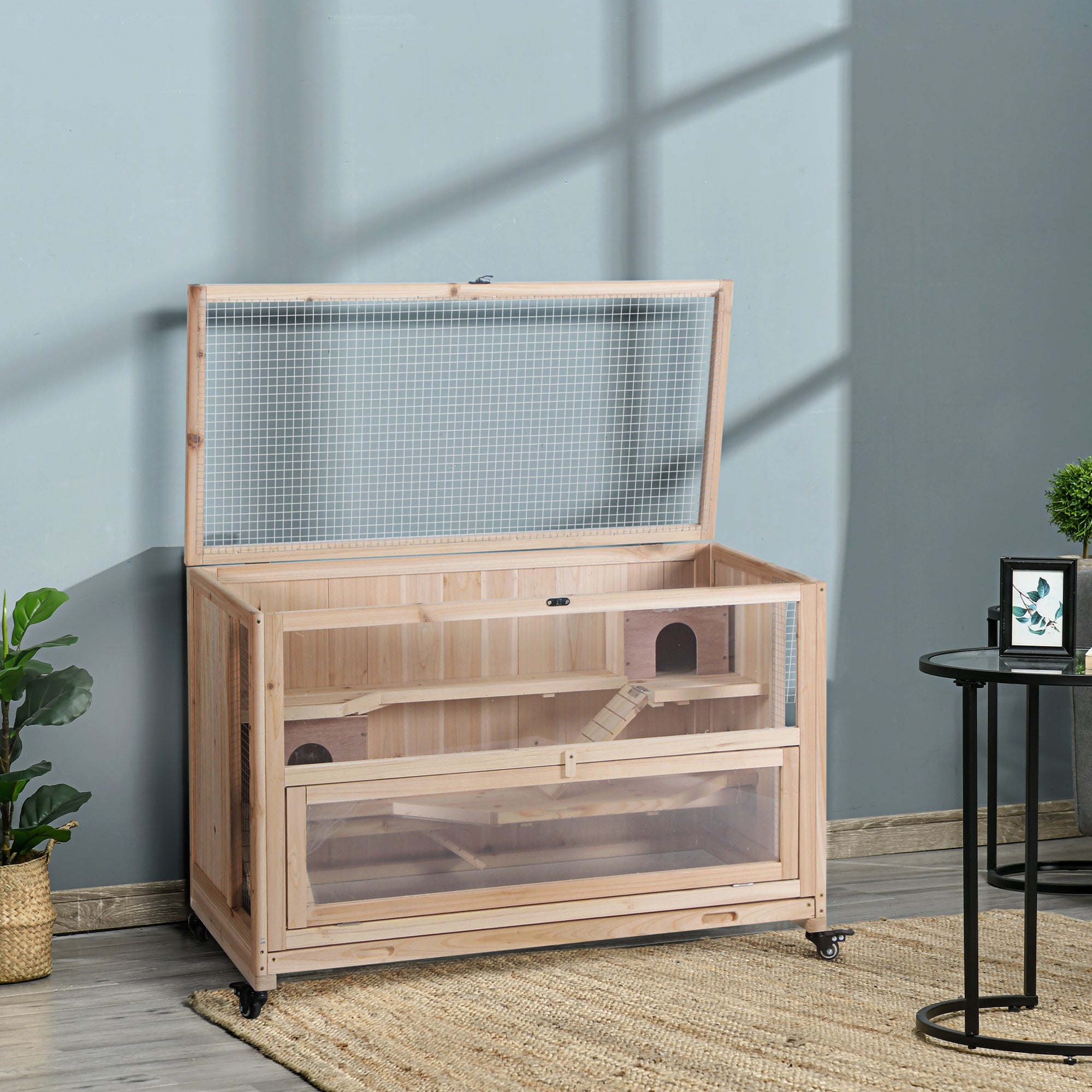 PawHut Extra Large Wooden Hamster Cage and Habitat Playground with 3 Ladders and 2 Huts, Syrian & Dwarf Hamster Small Animal Cage, Wheels, Pull-out Tray, Natural