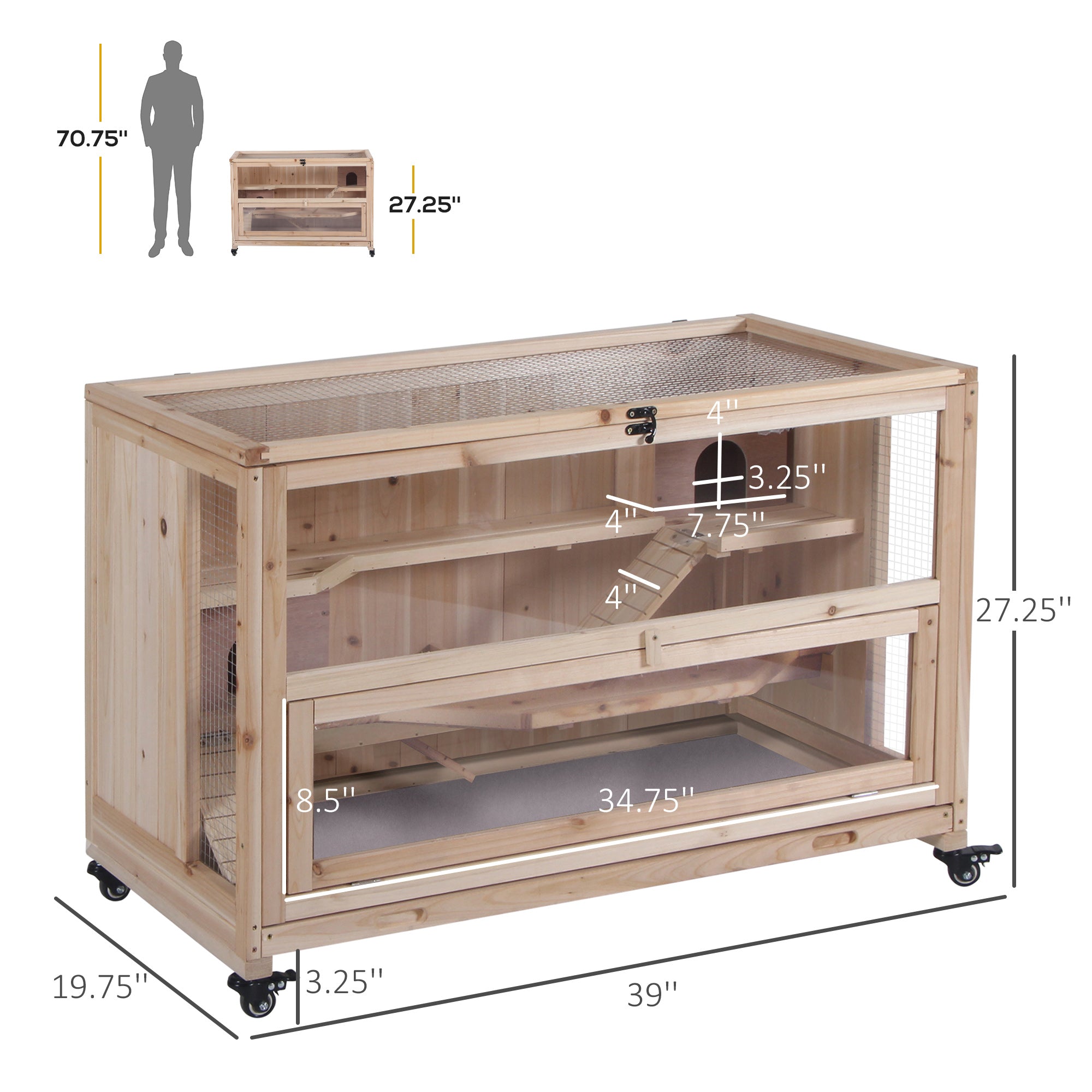PawHut Extra Large Wooden Hamster Cage and Habitat Playground with 3 Ladders and 2 Huts, Syrian & Dwarf Hamster Small Animal Cage, Wheels, Pull-out Tray, Natural