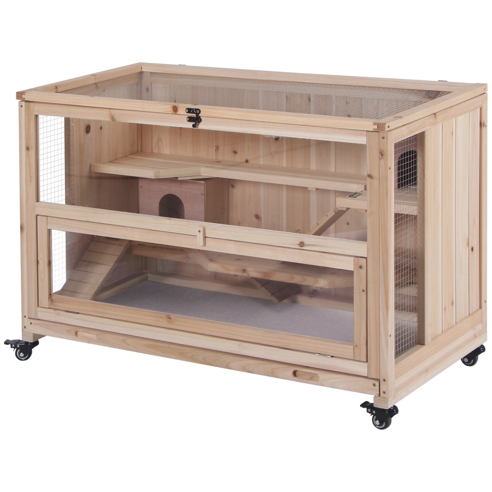 PawHut Extra Large Wooden Hamster Cage and Habitat Playground with 3 Ladders and 2 Huts, Syrian & Dwarf Hamster Small Animal Cage, Wheels, Pull-out Tray, Natural