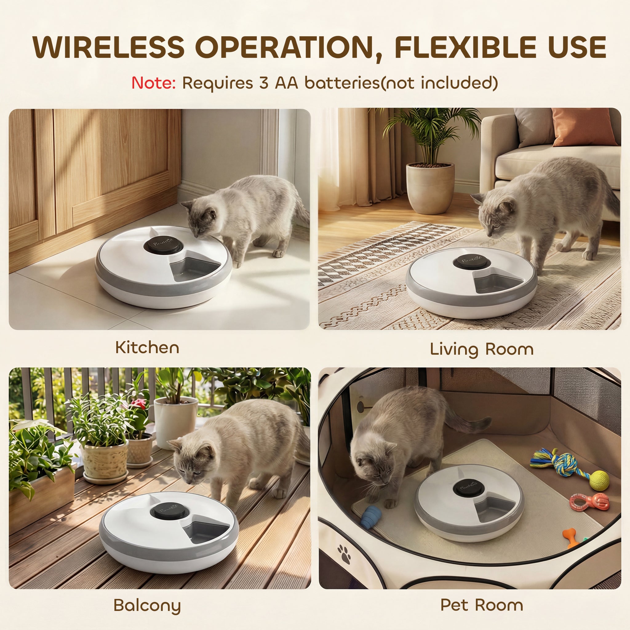 6 Meal Automatic Cat Feeder Cordless, Dry & Wet Food Cat Food Dispenser with 1 Ice Pack, Battery Powered, Programmable Timer, for Kitty Small Dogs, Easy to Clean