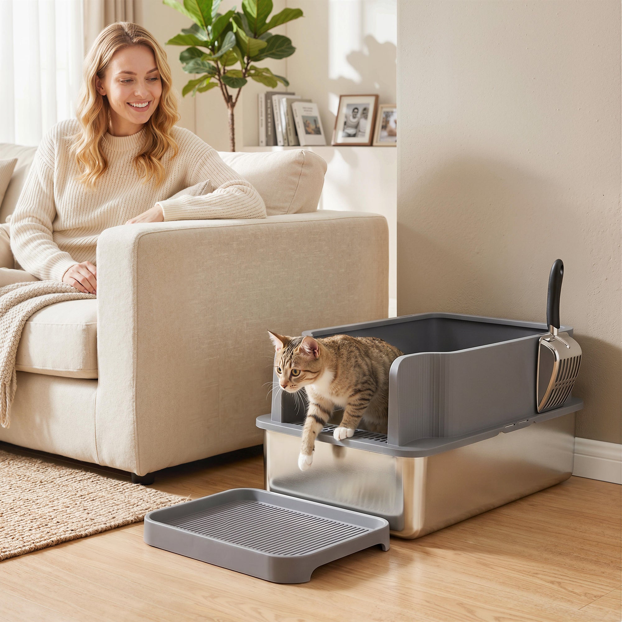Stainless Steel Sifting Litter Box for Pine Pellets, Large Metal Litter Box with Sifter Tray, High-Sided, Anti-Leakage, Odor Control, Litter Pedal, Metal Scoop, 10 Pee Pads, 22.8"x14.6"x11.8"