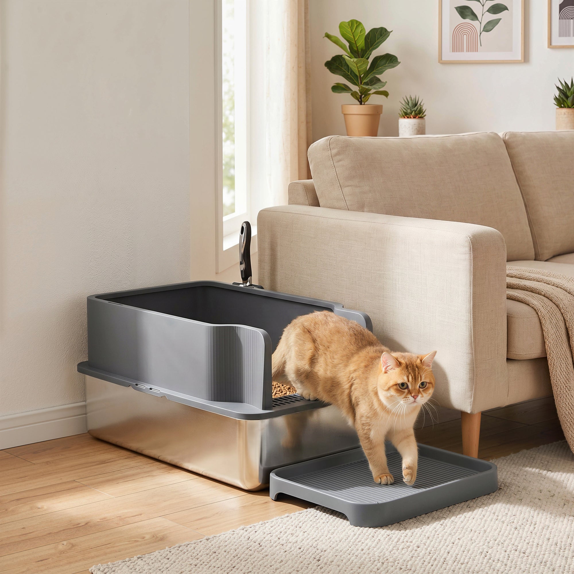 Stainless Steel Sifting Litter Box for Pine Pellets, Large Metal Litter Box with Sifter Tray, High-Sided, Anti-Leakage, Odor Control, Litter Pedal, Metal Scoop, 10 Pee Pads, 22.8"x14.6"x11.8"