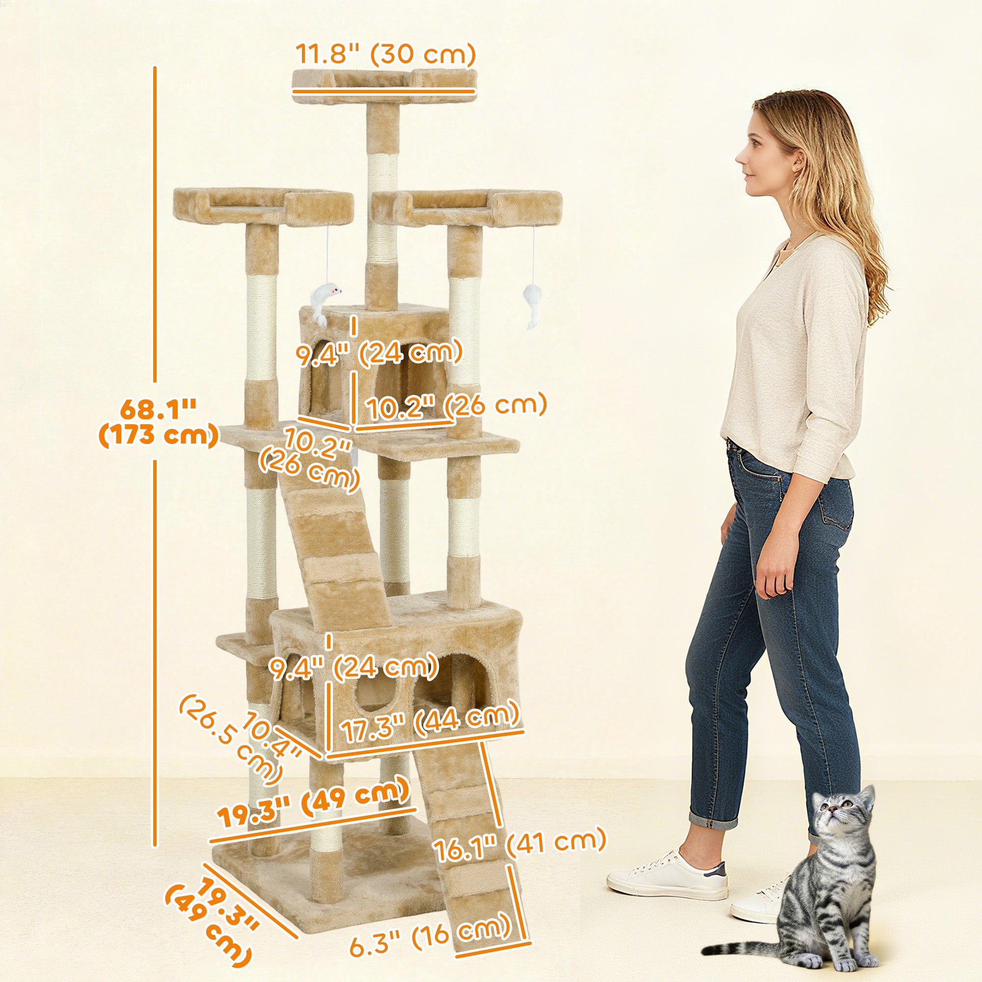 68 inches Cat Tree, Multi-Level Large Cat Tower Condo with Scratching Posts, Perches, Cat Houses, Dangling Toy, Light Brown