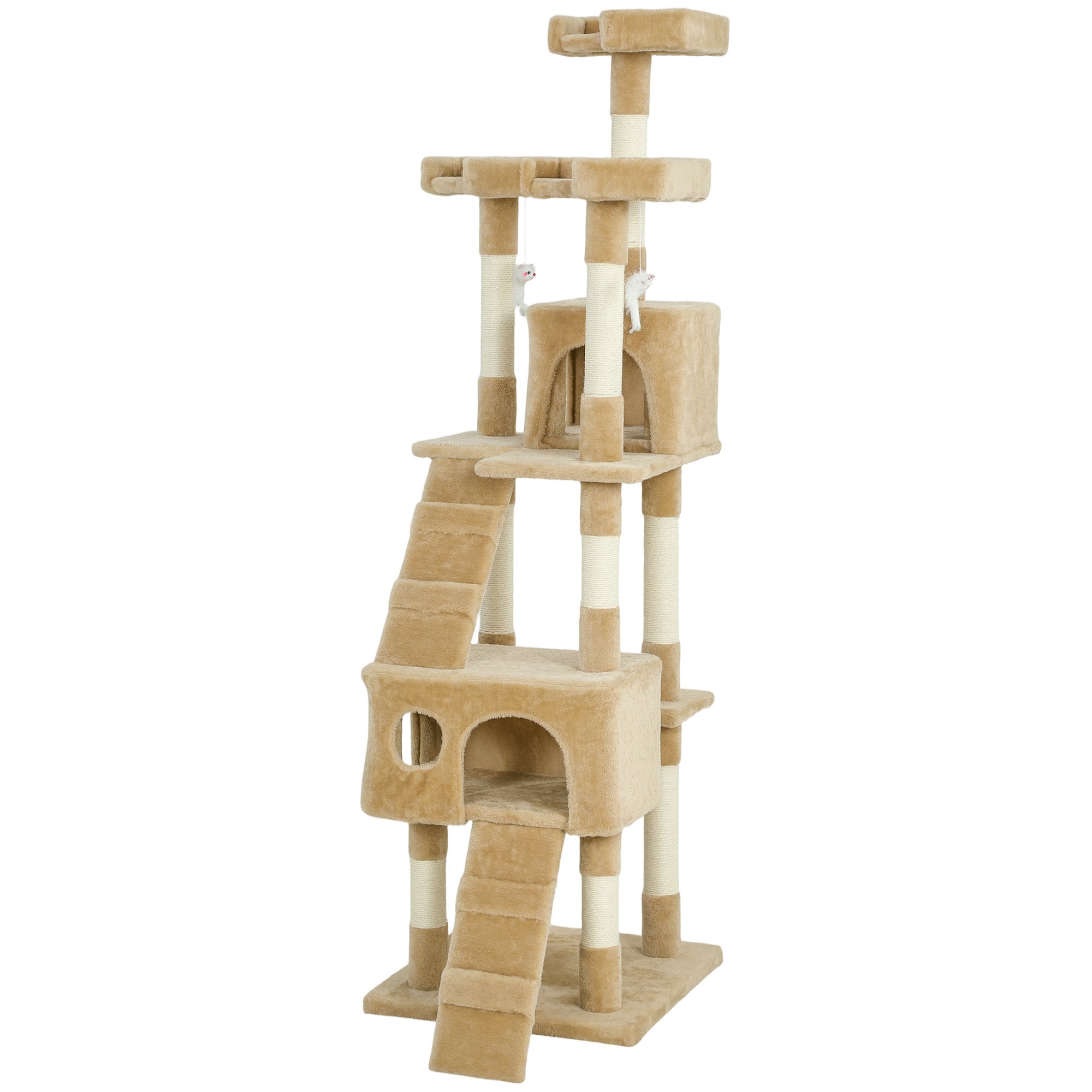 68 inches Cat Tree, Multi-Level Large Cat Tower Condo with Scratching Posts, Perches, Cat Houses, Dangling Toy, Light Brown