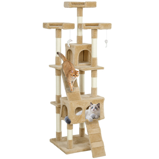 68 inches Cat Tree, Multi-Level Large Cat Tower Condo with Scratching Posts, Perches, Cat Houses, Dangling Toy, Light Brown