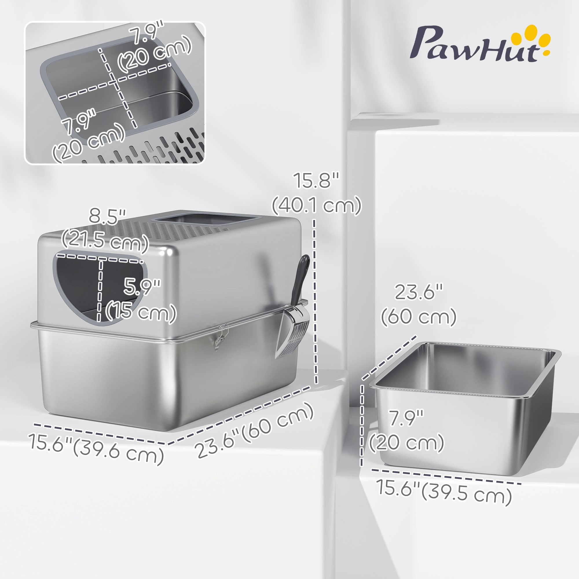 Stainless Steel Cat Litter Box with Lid, Extra Large Enclosed Litter Box with Top Litter-Catching Holes, Scoop, Dual Entry, Easy Clean, Silver
