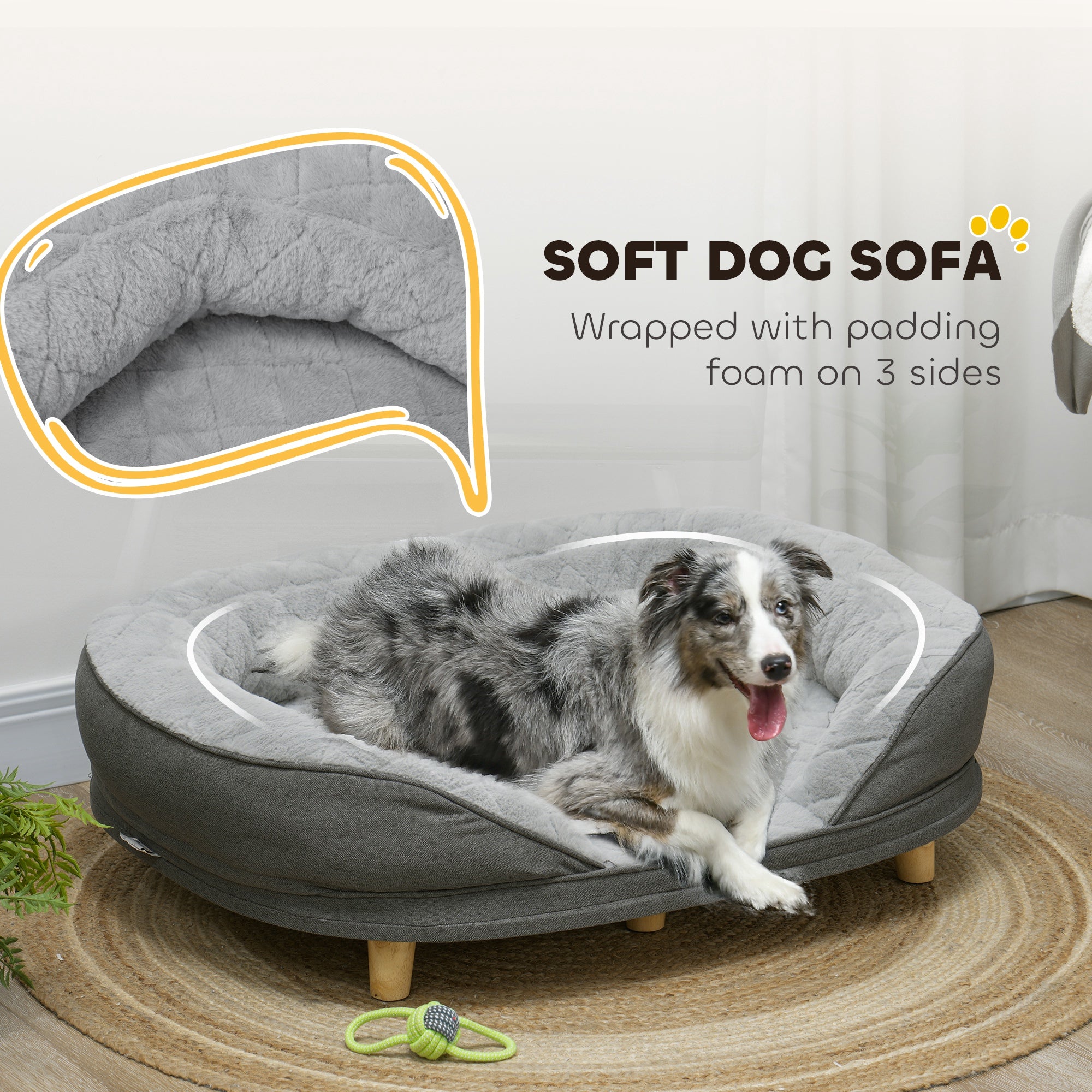 Dog Sofa Bed for Large Sized Pet, Cat Sofa with Soft Velvet Fabric, Removable Cushion, Washable Cover, Anti-Slip Foot Pads, 55 lbs Dog Couch, Grey