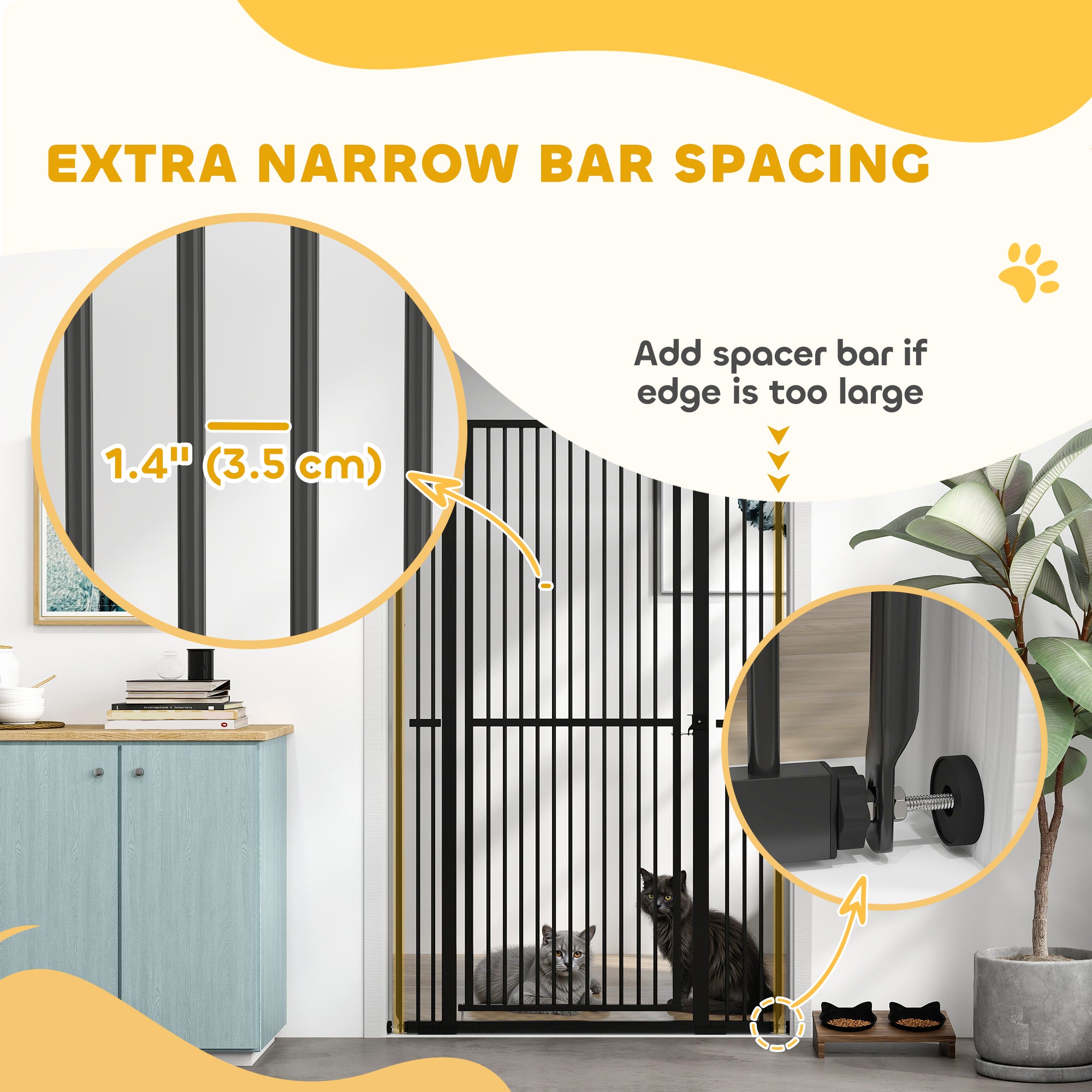 59"H Extra Tall Cat Gate, 30"-41"W Steel Pet Gate for Doorway, Hallway, Pressure Mounted Kit No Drilling Dog Gate with 1.4" Extra Narrow Gap, 2.8" & 5.5" Extensions, Black
