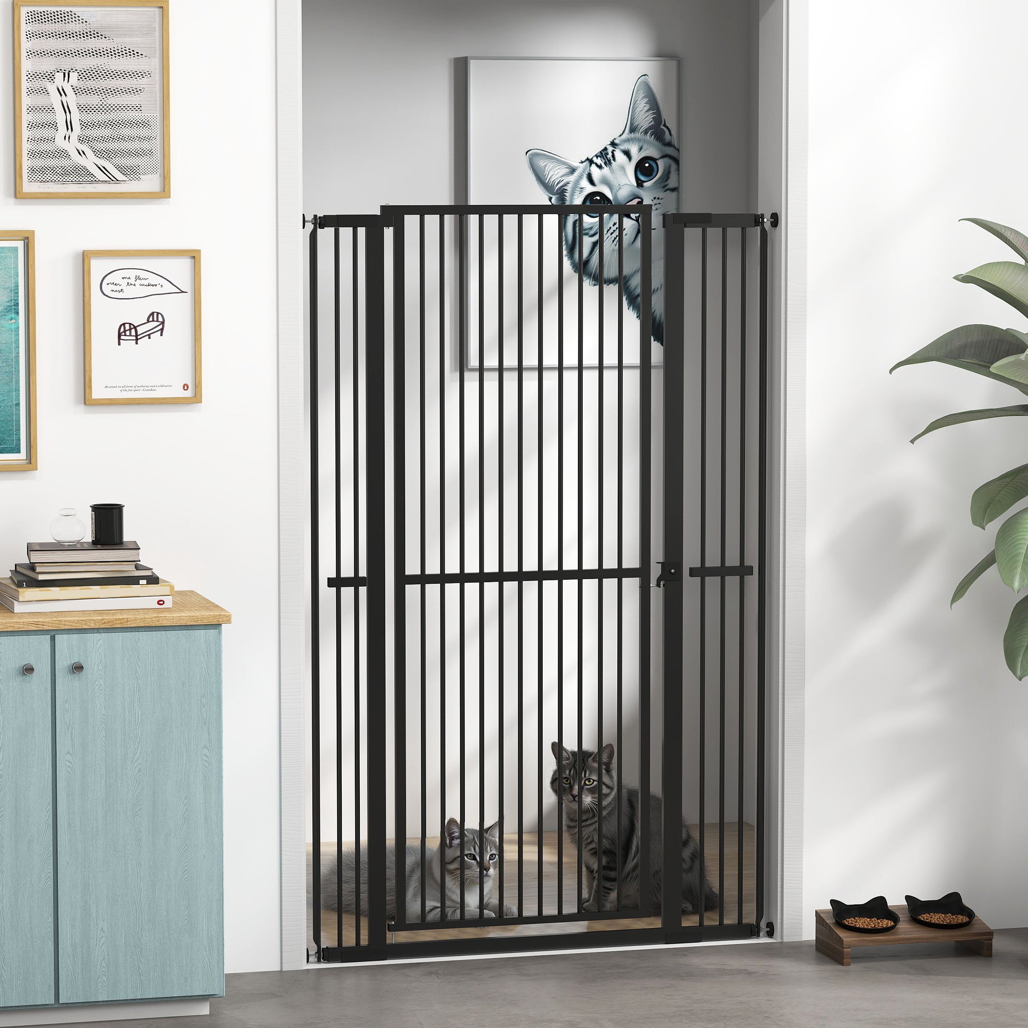 59"H Extra Tall Cat Gate, 30"-41"W Steel Pet Gate for Doorway, Hallway, Pressure Mounted Kit No Drilling Dog Gate with 1.4" Extra Narrow Gap, 2.8" & 5.5" Extensions, Black