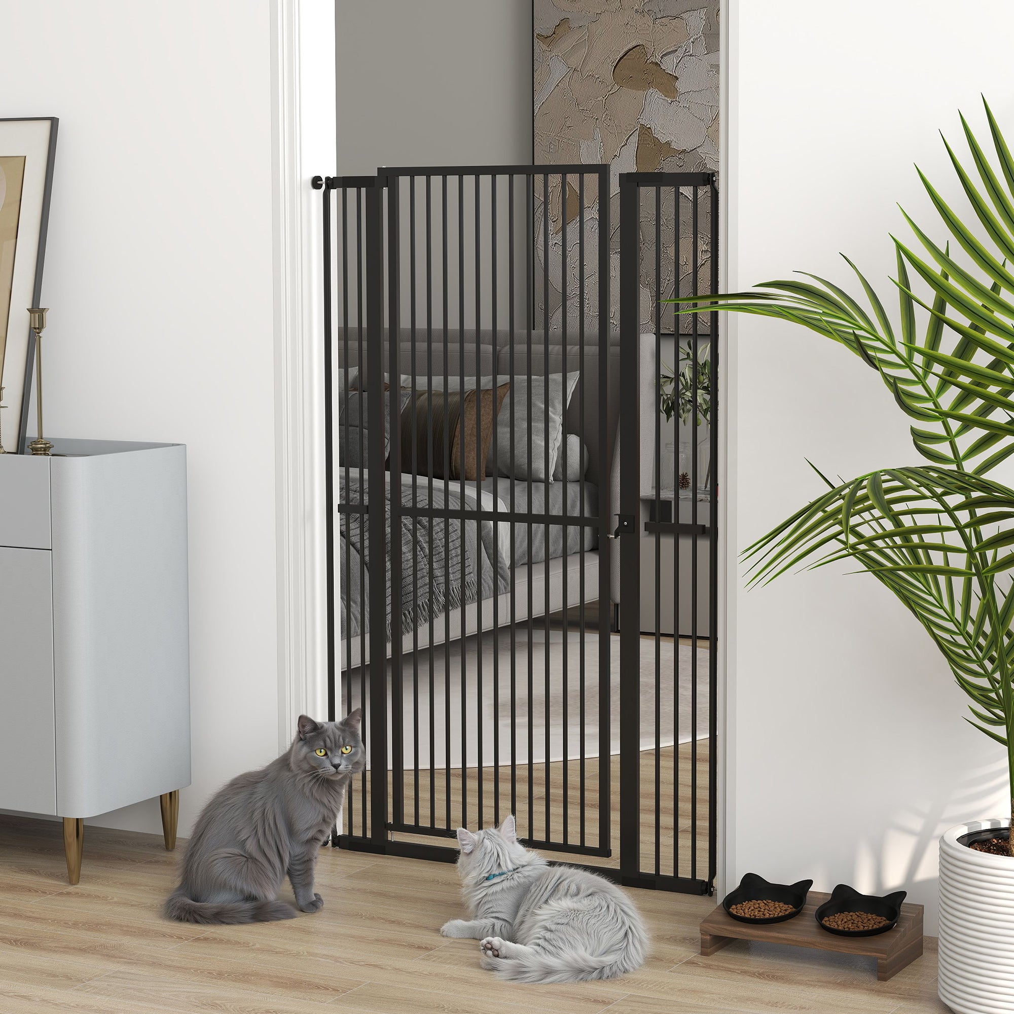 59"H Extra Tall Cat Gate, 30"-41"W Steel Pet Gate for Doorway, Hallway, Pressure Mounted Kit No Drilling Dog Gate with 1.4" Extra Narrow Gap, 2.8" & 5.5" Extensions, Black