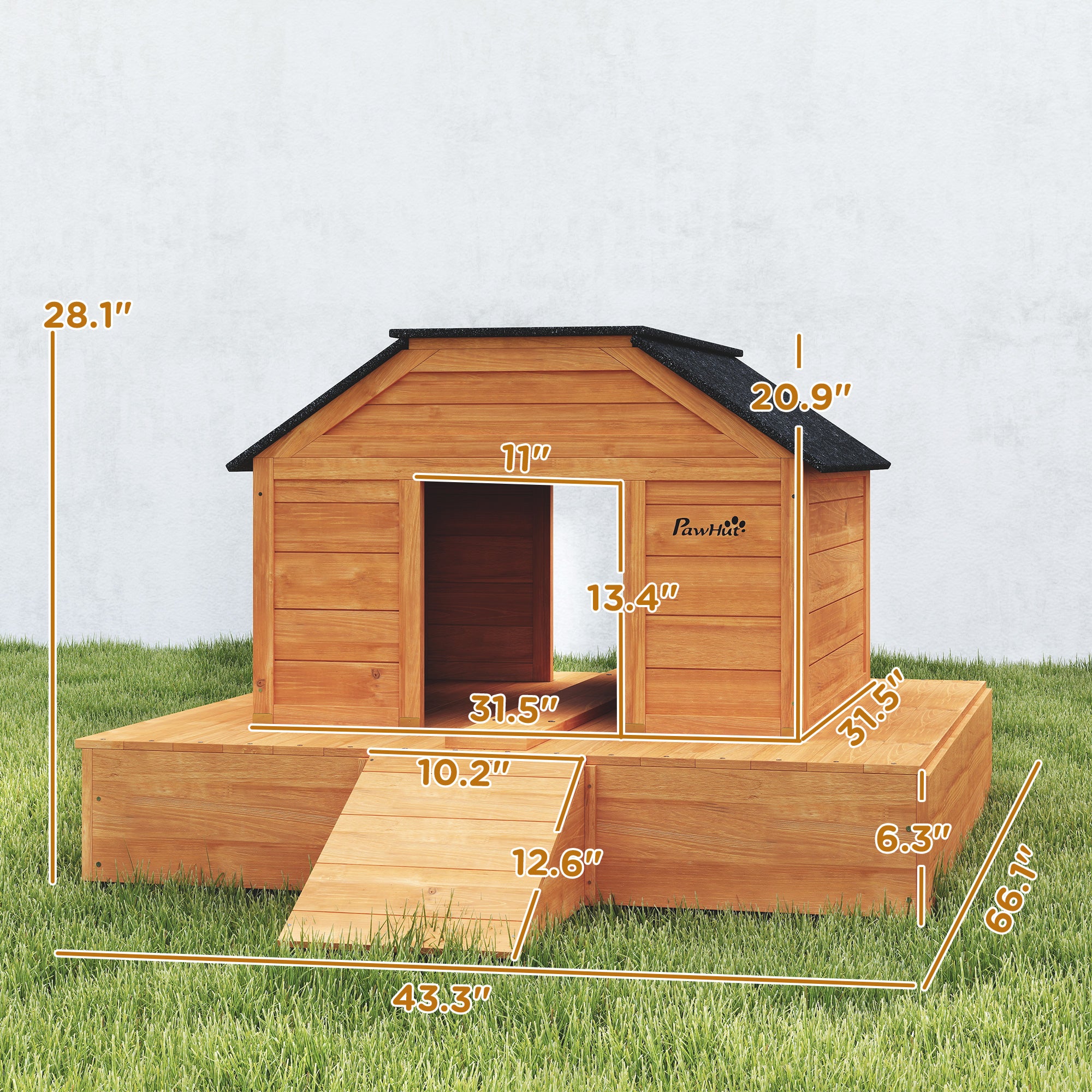 Floating Duck Coop, Wooden Duck House with Ramp and Waterproof Asphalt Roof, Small Animal House with Dual Openings for 1-2 Poultry, Small Geese, 66" x 43" x 28", Orange