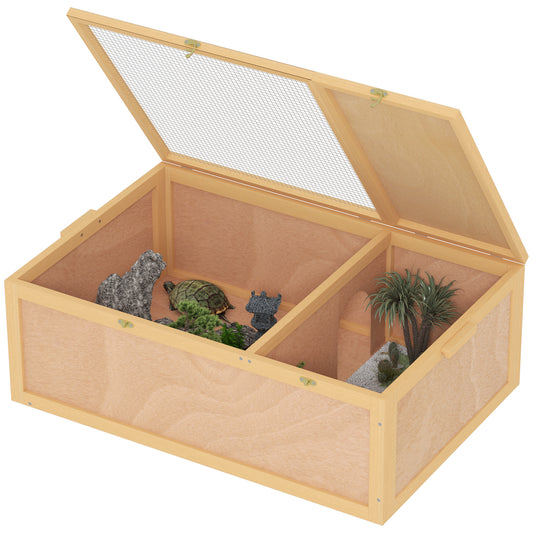 Tortoise Enclosure, Wooden Turtle Tank Reptile Terrarium with Two Room Design, for Indoor Use, 37" x 25" x 13", Nature Wood