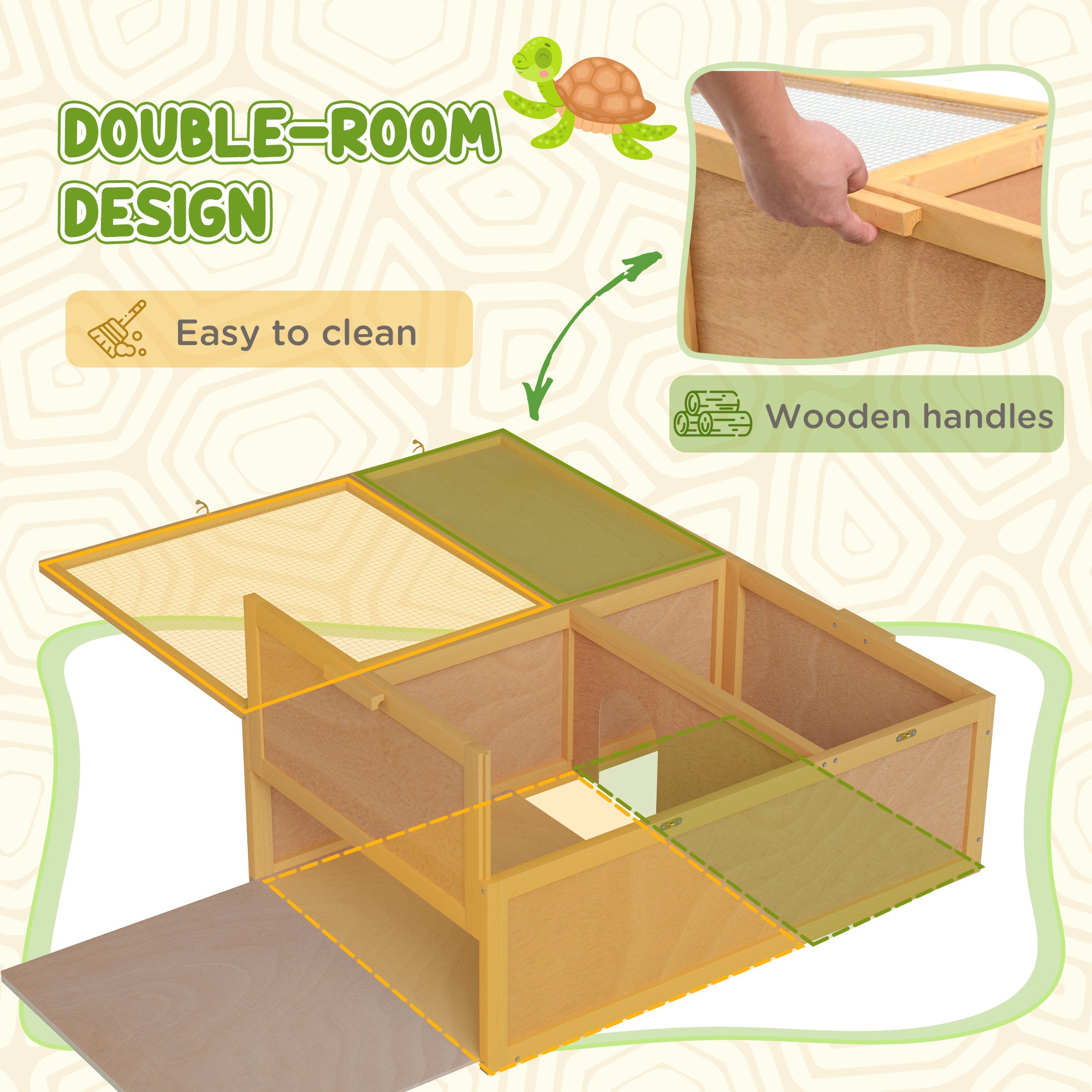 Tortoise Enclosure, Wooden Turtle Tank Reptile Terrarium with Two Room Design, for Indoor Use, 37" x 25" x 13", Nature Wood
