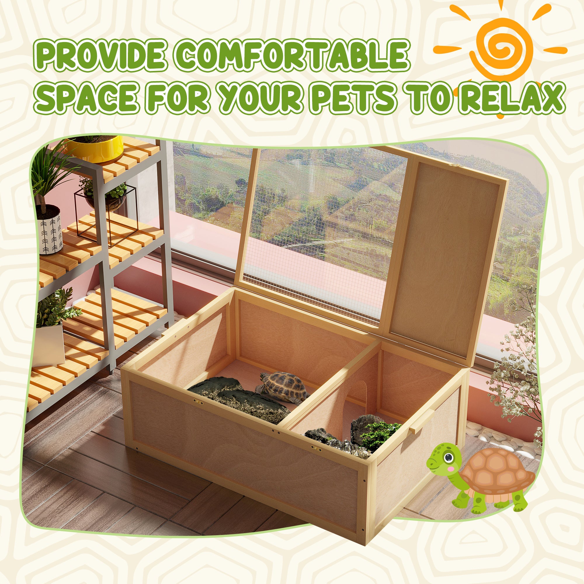Tortoise Enclosure, Wooden Turtle Tank Reptile Terrarium with Two Room Design, for Indoor Use, 37" x 25" x 13", Nature Wood
