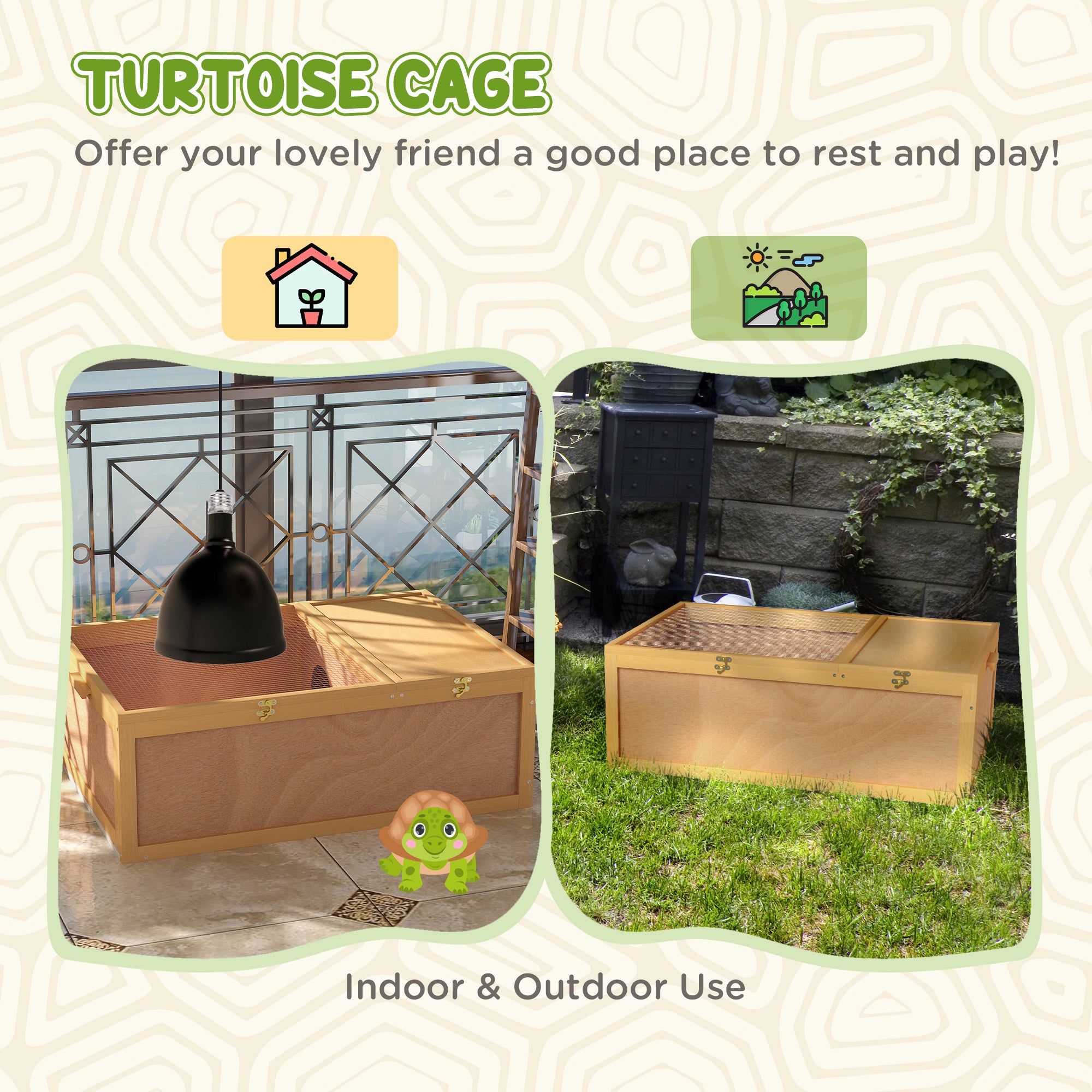 Tortoise Enclosure, Wooden Turtle Tank Reptile Terrarium with Two Room Design, for Indoor Use, 37" x 25" x 13", Nature Wood