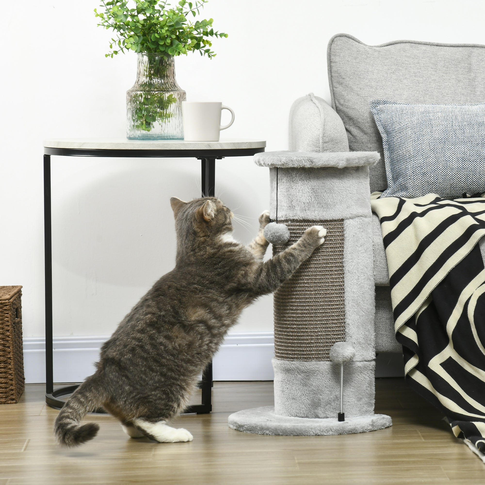 58cm Cat Scratching Post for Corner Wall, Claw Scratcher, with Smooth Plush, Sisal Rope, Toy Balls, Stable Base - Grey