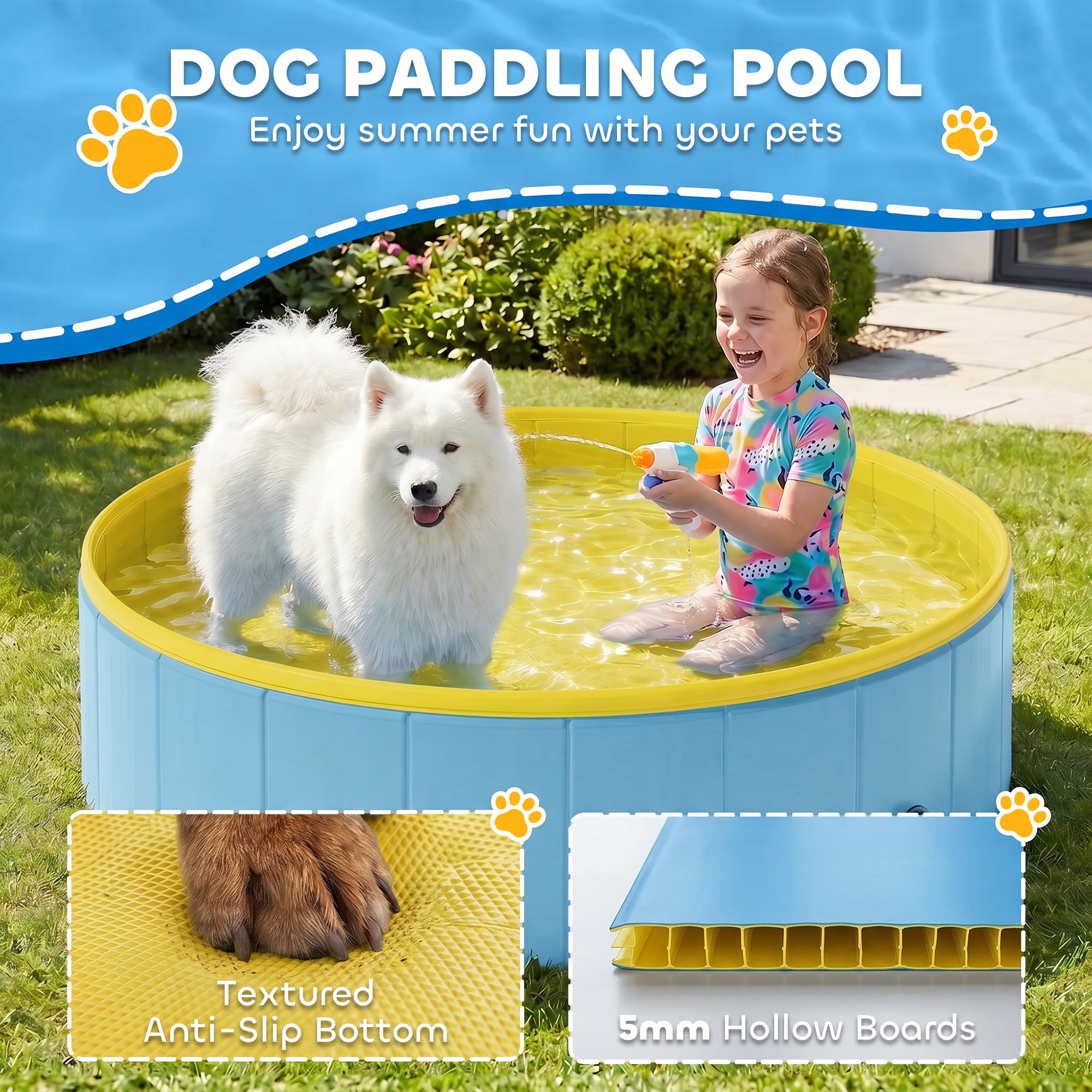 Foldable Dog Pool for Puppies and Ducks, Thickened PVC Dog Paddling Pool Bath Tub Hard Board, Anti-Slip Bottom and Hose Adapter for Easy Drainage, 120 x 30cm, Blue and Yellow