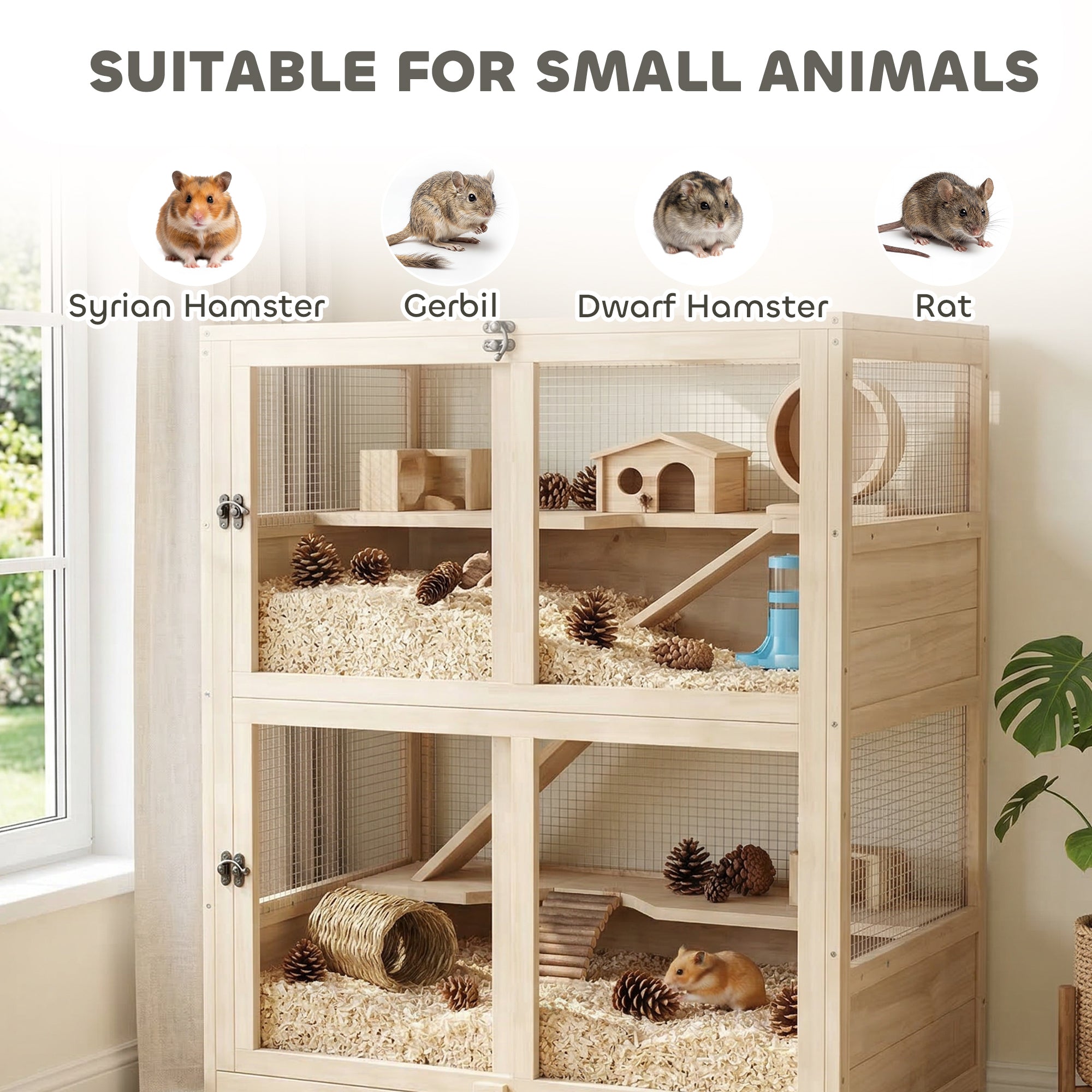 Wooden Hamster Cage, 4 Tier Small Animal Cage with Mesh Flip Roof, Pull-Out Tray, Huts, Seesaws, Ramps and Water Bottles, Hamster Habitat for Dwarf Syrian Mice Gerbil, 33" x 21" x 36"