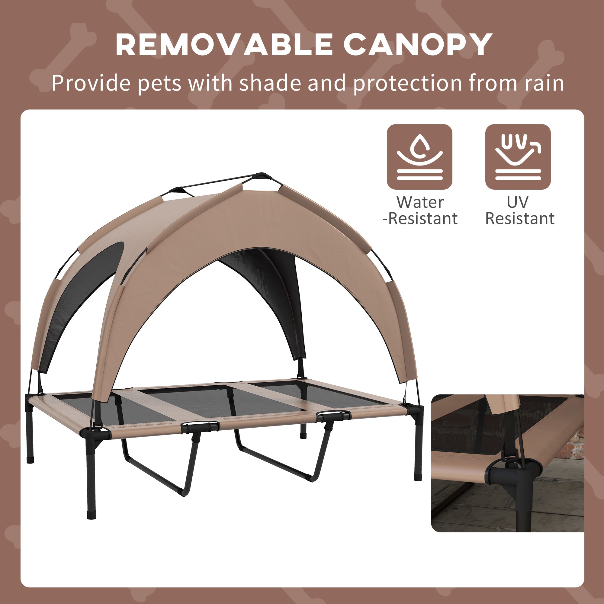 Elevated Dog Bed with Canopy, Cooling Dog Cot Bed for Camping, Portable Raised Pet Cot with Washable Breathable Mesh, for Indoor Outdoor, Large Dogs, 42" x 30" x 37", Coffee