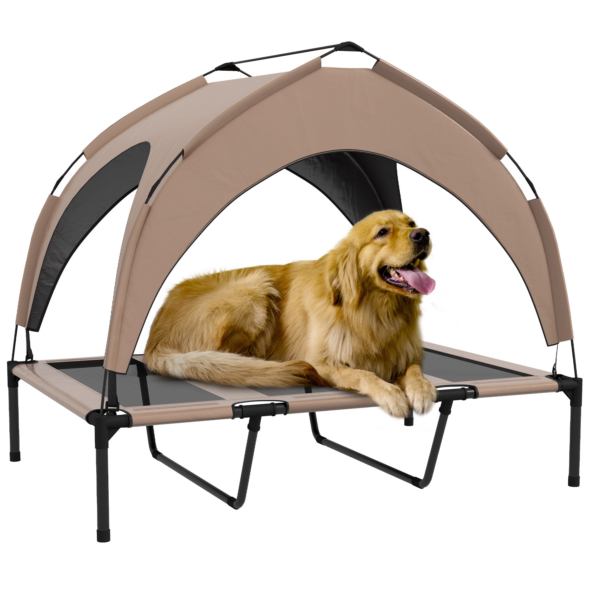 Elevated Dog Bed with Canopy, Cooling Dog Cot Bed for Camping, Portable Raised Pet Cot with Washable Breathable Mesh, for Indoor Outdoor, Large Dogs, 42" x 30" x 37", Coffee