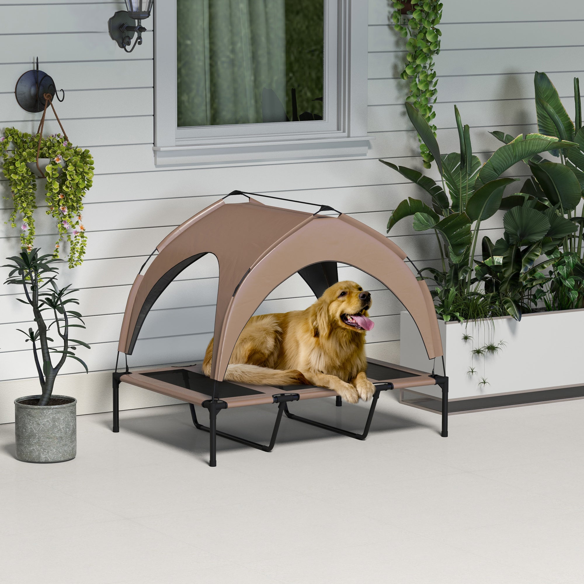 Elevated Dog Bed with Canopy, Cooling Dog Cot Bed for Camping, Portable Raised Pet Cot with Washable Breathable Mesh, for Indoor Outdoor, Large Dogs, 42" x 30" x 37", Coffee