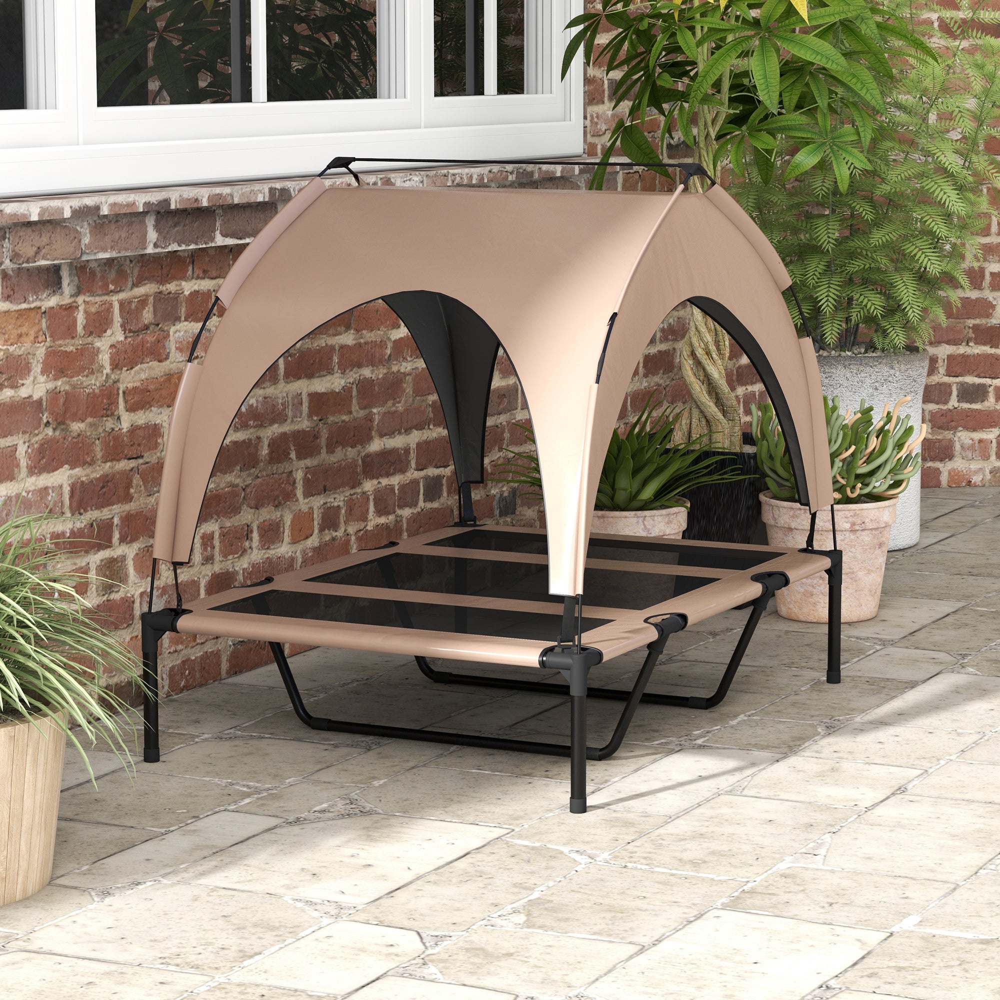 Elevated Dog Bed with Canopy, Cooling Dog Cot Bed for Camping, Portable Raised Pet Cot with Washable Breathable Mesh, for Indoor Outdoor, Large Dogs, 42" x 30" x 37", Coffee