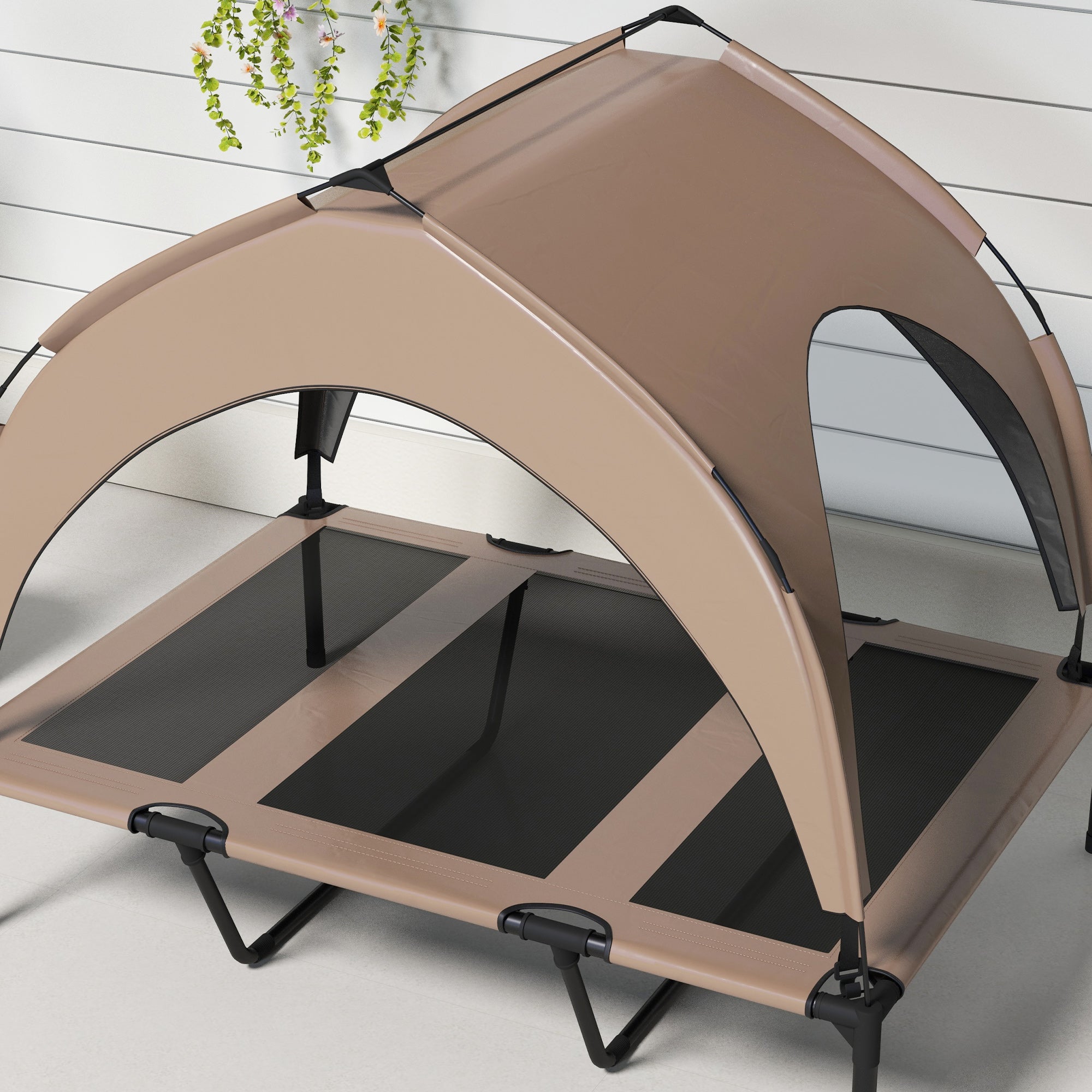 Elevated Dog Bed with Canopy, Cooling Dog Cot Bed for Camping, Portable Raised Pet Cot with Washable Breathable Mesh, for Indoor Outdoor, Large Dogs, 42" x 30" x 37", Coffee